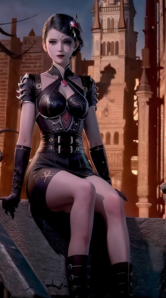 A girl,Black short hair,armor,Dress,Knee high boots,sitting on stairs,tiara,,<lora:e66d567127487215b8d11076facfb3eb7e6fc8f42232ab31f512361b16152aad:0.7>