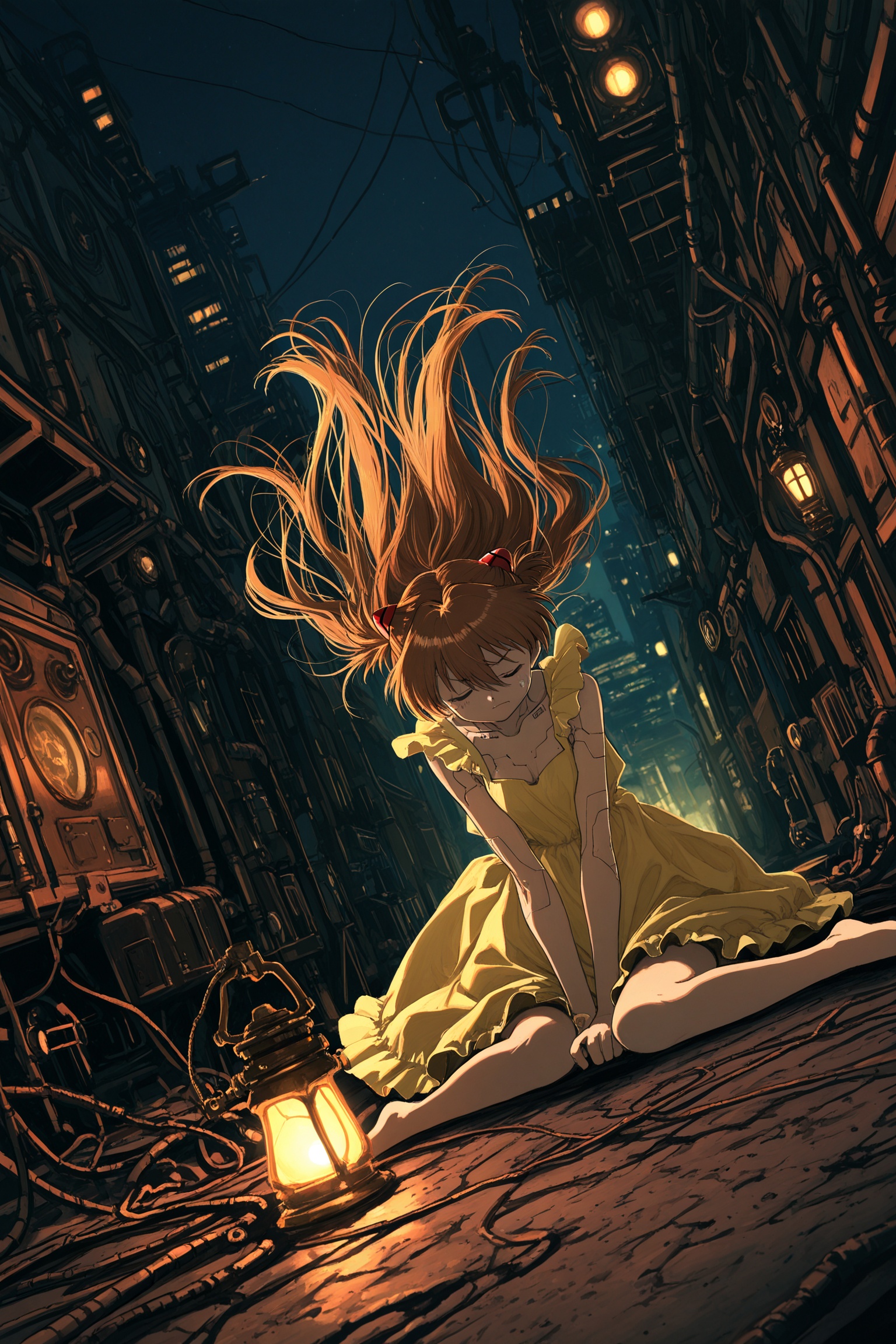 masterpiece,dynamic_pose,dutch_angle,scenery, tsubobot, [artist:sho_(sho_lwlw)],{{artist:toddler}},dark,steampunk, cyberpunk \(series\), 1girl,souryuu asuka langley,yellow_dress,wariza,