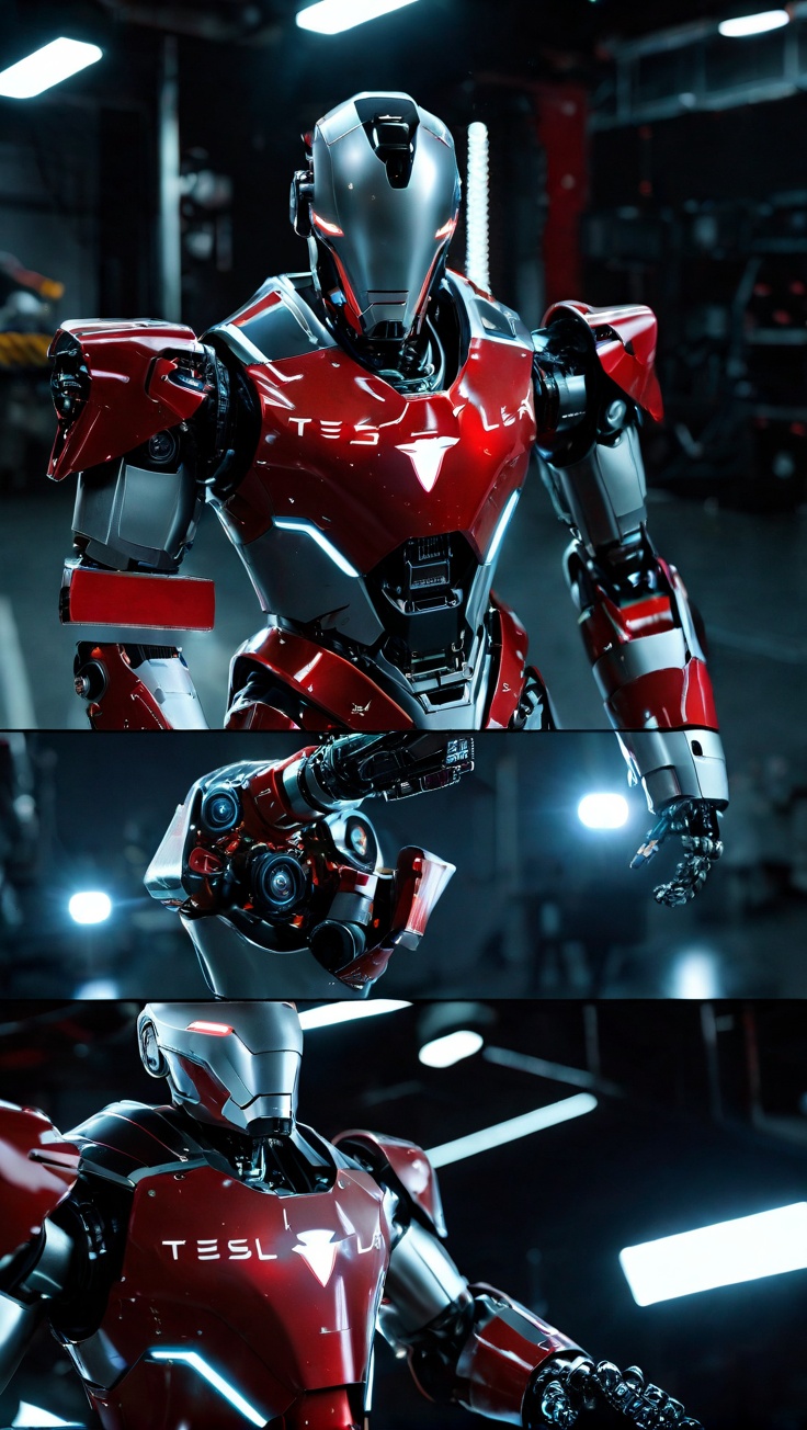 Tesla's High-tech robot Optimus, futuristic Modern sci-fi with intricate details, cinematic feel Cinematic wide-angle shots, deep field, dynamic tracking Light and Shadow,High contrast, interplay of warm and cool tones,highlighting metallic textures High-tech laboratory, sleek surfaces, cinematic scene setting Strong cinematic vibe, intelligent, innovative Advanced mechanical structure,highly detailed,ultra-high resolutions,32K UHD,best quality,masterpiece,