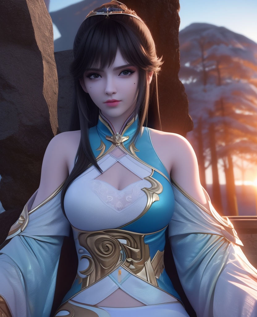 <lora:651-DA-斗破苍穹-凤清儿:0.8>(,1girl, ,best quality, ),looking at viewer,masterpiece, (( , )),, realistic,science fiction,mole, ultra realistic 8k cg, , sun,sunset, (cleavage), (),