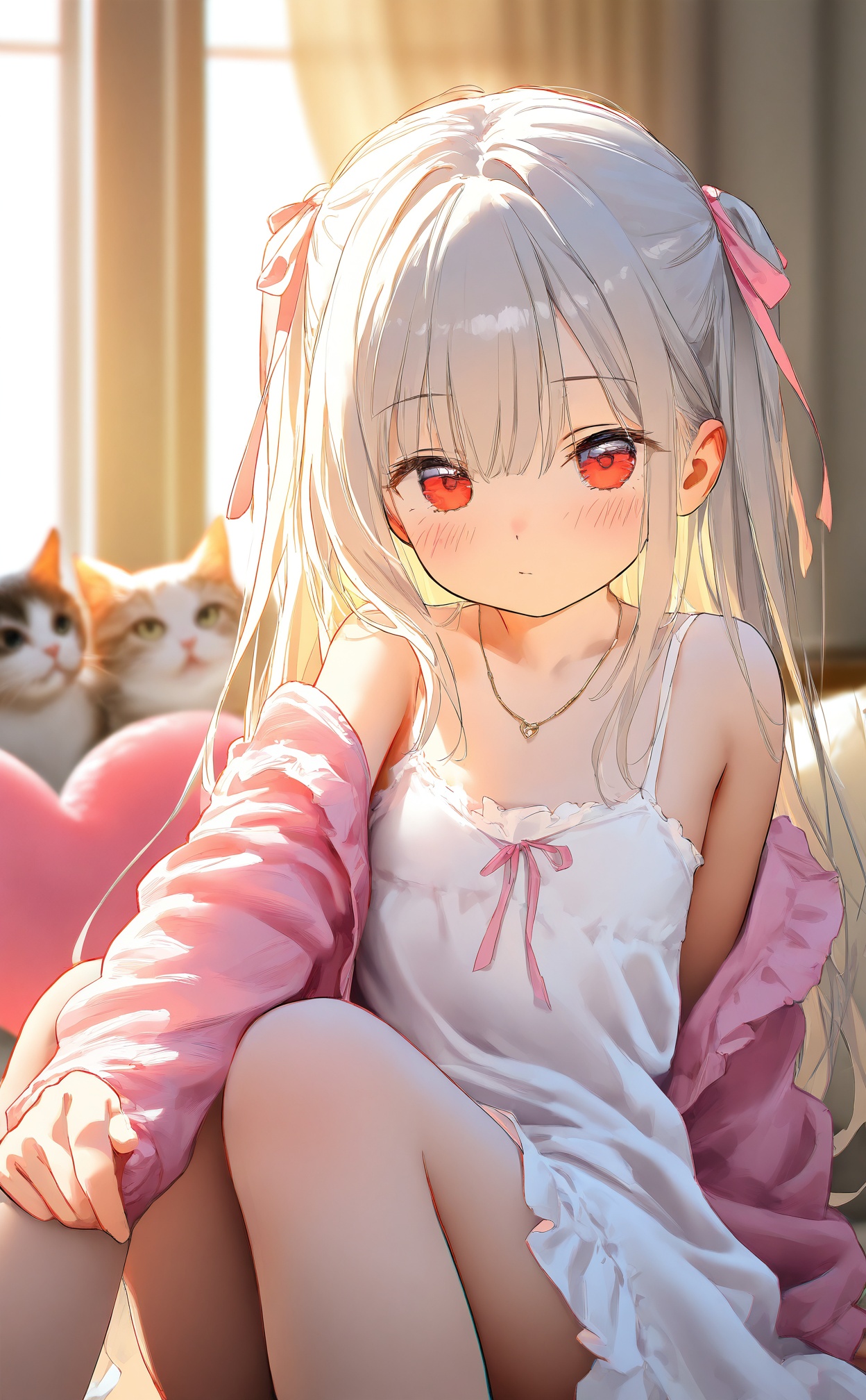 masterpiece,very awa,highres,newest,best quality,high quality,loli,chromatic_aberration,Light Blue Theme,//,1girl,ribbon,cat,pink ribbon,long hair,sitting,hair ribbon,pillow,looking at viewer,red eyes,heart-shaped pillow,window,solo,white hair,pink jacket,jewelry,animal,off shoulder,jacket,indoors,dress,heart,necklace,curtains,knees up,white camisole,grey hair,white dress,sleeveless,pink cardigan,long sleeves,closed mouth,collarbone,bare shoulders,frills,blush,blurry,blurry background,camisole,//,year_2023,year_2024,//,official art,depth of field,detailed light,blurry background,cinematic lighting,ray tracing,ultra detailed,god rays,backlighting,photo background,chromatic aberration,volumetric lighting,depth of field,blurry background,cinematic lighting,very aesthetic,