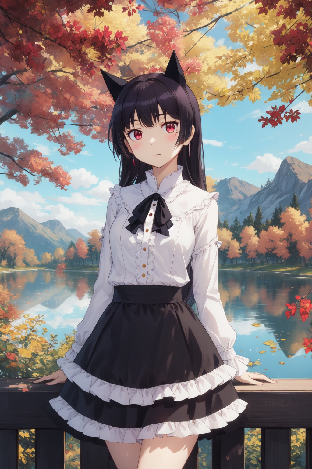 <lora:Ruri-000010:0.8>,Ruri cyql,1girl,looking at viewer,solo,long hair,black hair,hime cut,red eyes,mole under eye,cat ears,Ruffled frilled shirt layered under a knitted midi long skirt with knee-high boots,Guilty, Downcast eyes, slumped shoulders, and a slightly ashamed expression.,cowboy_shot,beautiful face,beautiful eyes,glossy skin,shiny skin,Autumn, Foliage, Lake, Reflection, Mountains, Colors, Serenity, Tranquility,(Exotic plants, Botanical specimens, Glass conservatory, Evening glow, Tropical flora, Controlled environment:0.6),beautiful detailed sky,beautiful detailed glow,posing in front of a colorful and dynamic background,masterpiece,best quality,beautiful and aesthetic,contrapposto,female focus,wallpaper,fashion,