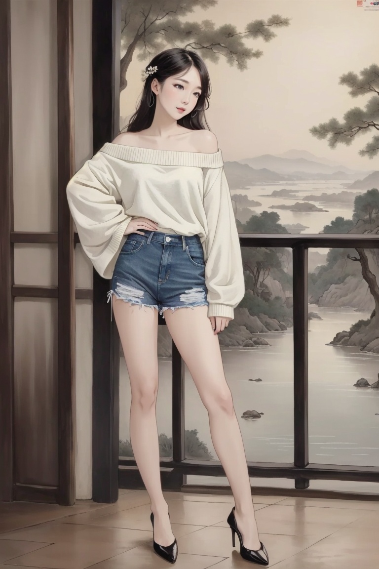 ((HRD, HUD, 8K)),((masterpiece, best quality)), highly detailed, soft light,InkAndWash, 1girl, solo, off-shoulder sweater, denim shorts, high heels, phone, cellphone, long hair, holding phone, smartphone, holding, standing, full body, chinese text,  <lora:20240415-1713175931242:0.8>