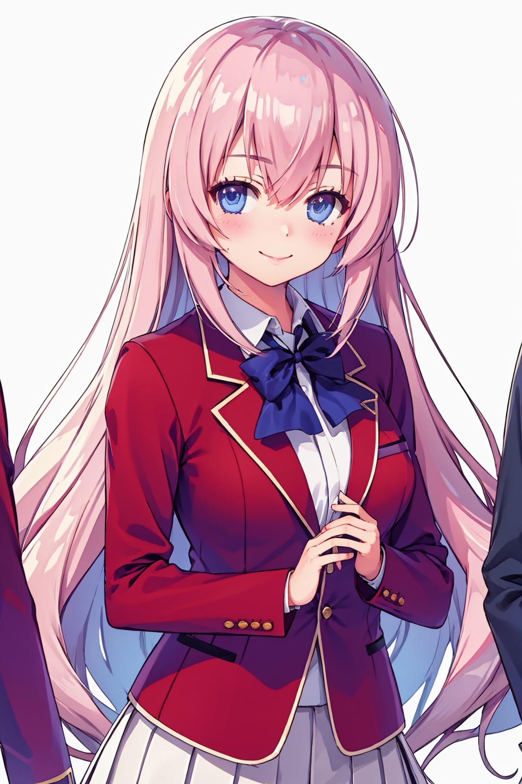masterpiece,best quality, highly detailed, ichinose honami (youjitsu),looking at viewer,blazer,pleated skirt,school uniform,smile,1girl,solo,long sleeves,red jacket,simple background,blush,bowtie,closed mouth,white background,shiny,white skirt,<lora:ichinose_honami_(youjitsu):1>