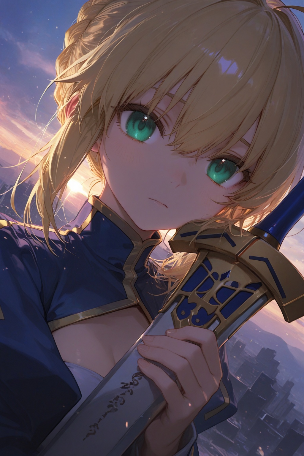 masterpiece,dutch angle,scenery,{observerz},modare,mikaze oto,[artist:kedama milk],[artist:ask_(askzy)],ciloranko,ponzu(catponz),year 2023,1girl,(artoria pendragon \(fate\), fate \(series\),,raise the sword,the giant sword blocks half of the face,face close-up,