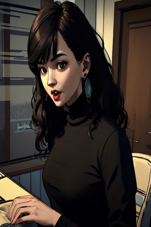 xxzr,<lora:xszr_v1.0:1>,1girl,solo,long hair,sweater,black hair,open mouth,looking at viewer,upper body,jewelry,black sweater,earrings,turtleneck,turtleneck sweater,indoors,bangs,wavy hair,
