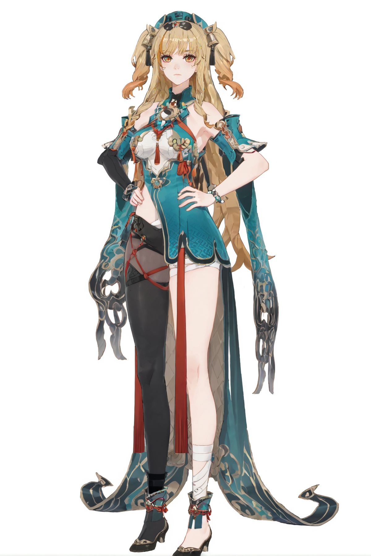 score_9, score_8_up, score_7_up, score_anime, 8k, best quality, masterpiece, (ultra-detailed), (white background:1.1), solo, hands on hip, (full body:1.1), <lora:songque-pony-Tanger:0.8>, songque, 1st clothes, shen1, 1girl, blonde hair, long hair, two side up, breasts, multicolored hair,