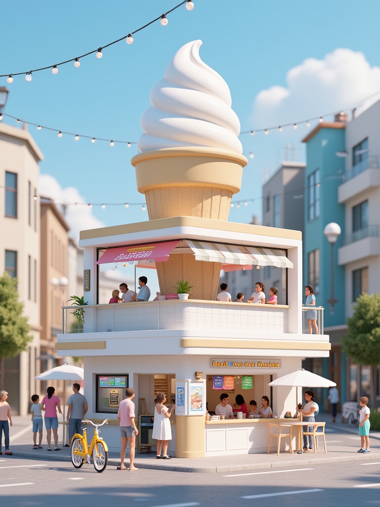 mlmnjd,A CGI illustration of a modern, minimalist two-story ice cream kiosk with a large ice cream cone sculpture on the roof. The kiosk is located in a lively urban plaza with people walking, children playing, and a yellow bicycle parked nearby. It has pastel-colored walls, outdoor seating, and decorative string lights hanging above..<lora:迷你街道-L1.04:0.8>