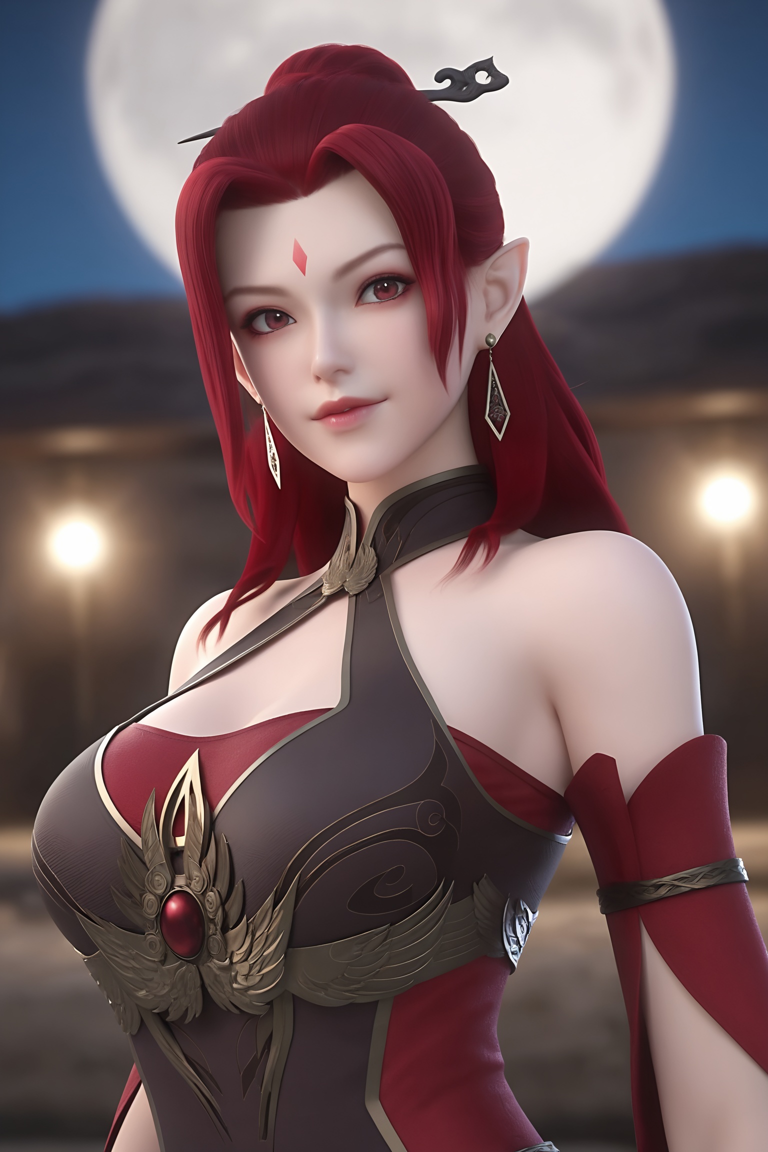 score_9,1girl,solo,shiny,shiny_hair,score_9,upper_body,fair_skin,white_skin,shiny_skin,shiny,Ivory_skin,looking at viewer,cinematic lighting,volumetric lighting,solo focus,blurry background,depth of field,night,sky,night sky,full moon,(huge planetary background:1),moonlight,<lora:妖神记-花火:0.7>,striking red hair,hairpin,pointed ears,form-fitting,sleeveless dark brown  with gold accents armor,high collar,a large,ornate gold brooch,short,red shorts,boots.,