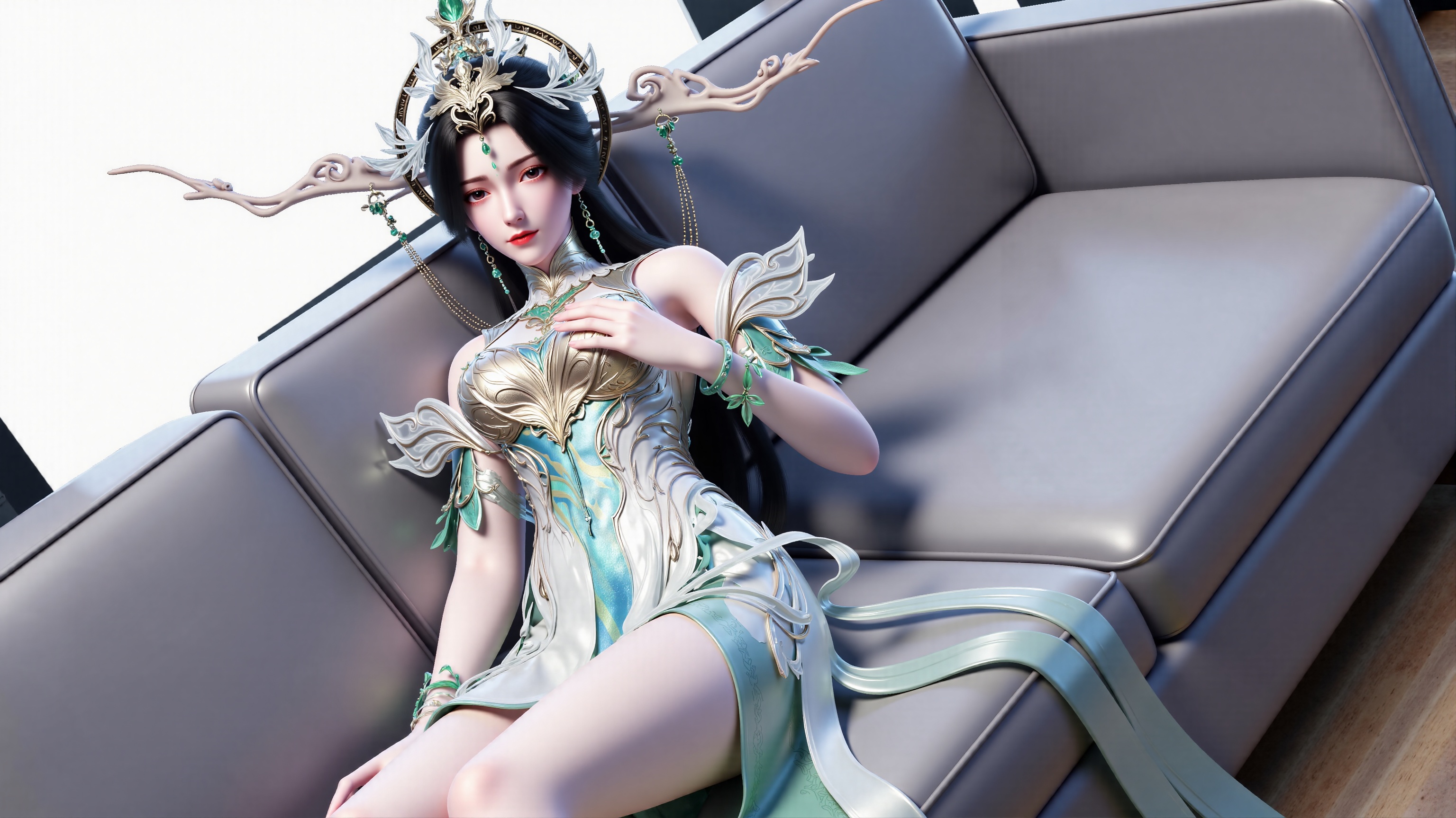 liushen,A girl,she was lying on the gray sofa. her thighs and body were in v-rows. one hand on her chest,the light background was looking_at_viewer,shining her perfect,perfect body,scenery,sharp focus,finely detailed beautiful anime eyes,realistic skin,intricate details,Perfect body structure:1.2,front view.,Good structure,