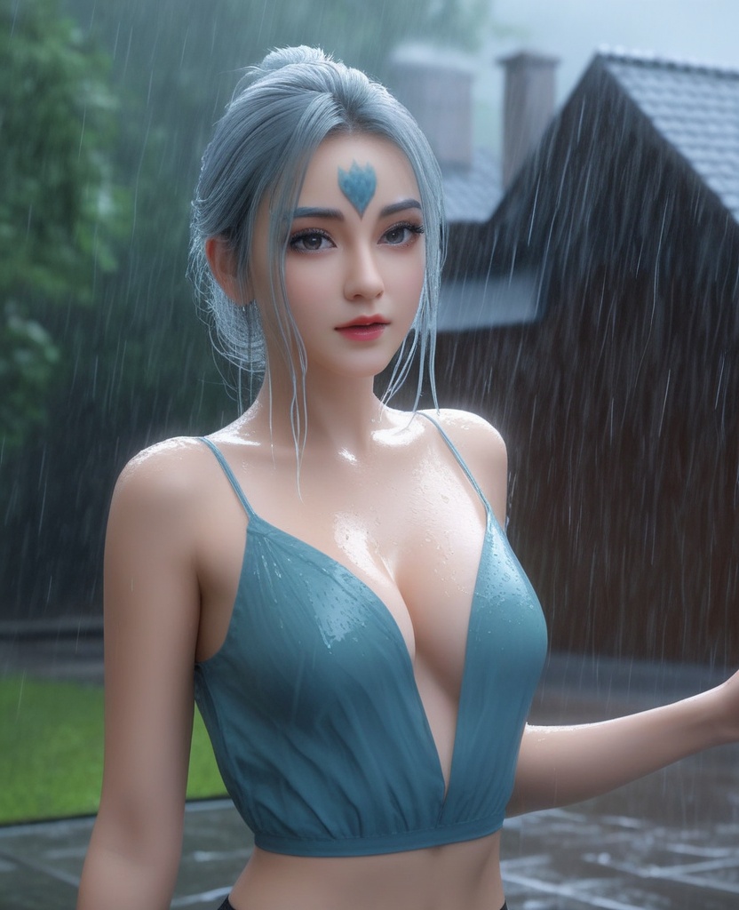 <lora:571-DA-XL-眷思量-奉眠:0.8>(,1girl, ,best quality, ),looking at viewer,masterpiece, (( , )),,ultra realistic 8k cg, ,      ,building, bare_shoulders,cleavage cutout, eyelashes,magic,hydrokinesis,sweat, wet, rain, ,       (cleavage), (),