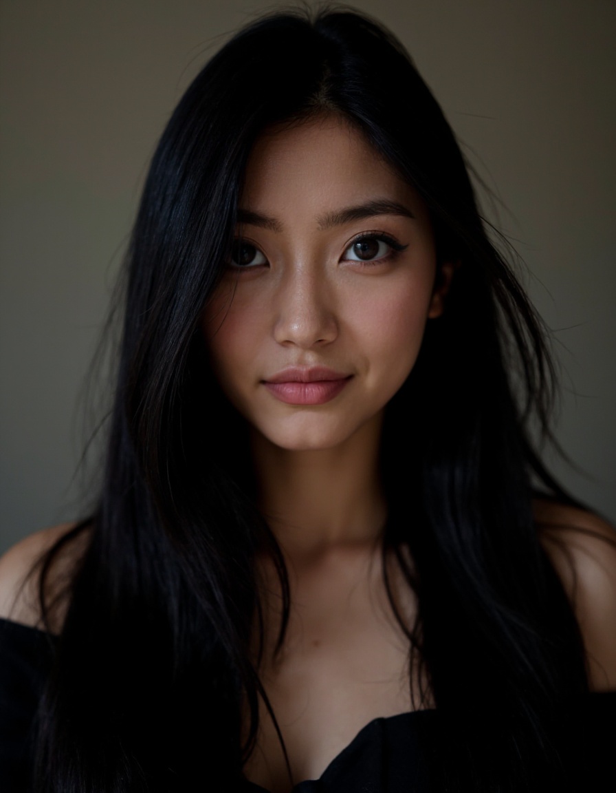 A beautiful girl, featuring long black straight hair that flows down her back. Her brown eyes glow with an alluring and mysterious charm.