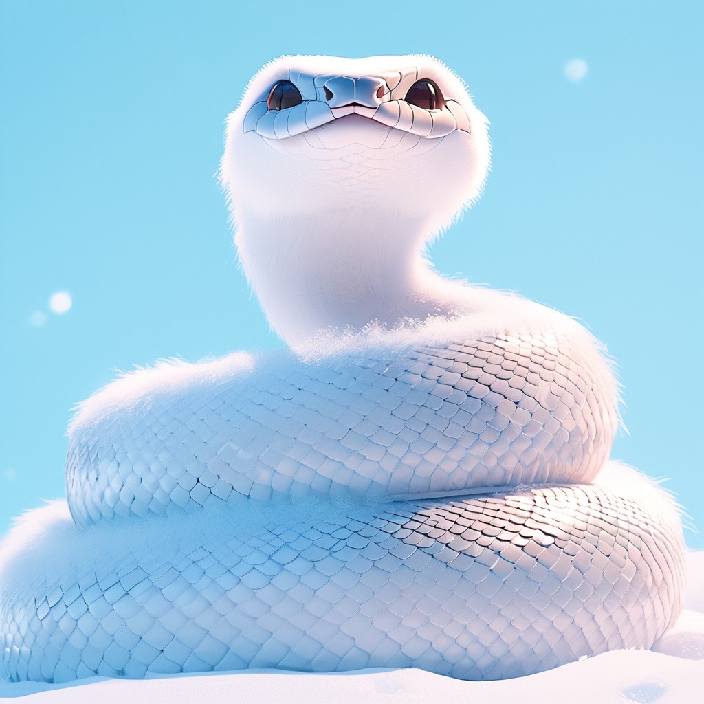 sishe,snake,cute,cc-color-correction,mf-movie-filter,warm colors,whimsy and dramatic lighting,white fur,soft lighting,fluffy,scales,white snake,snake focus,blue theme,blue background,no humans,close-up,simple background,day,looking at viewer,outdoors,oversized animal,snow,sky,<lora:sishe_xl:0.8>,