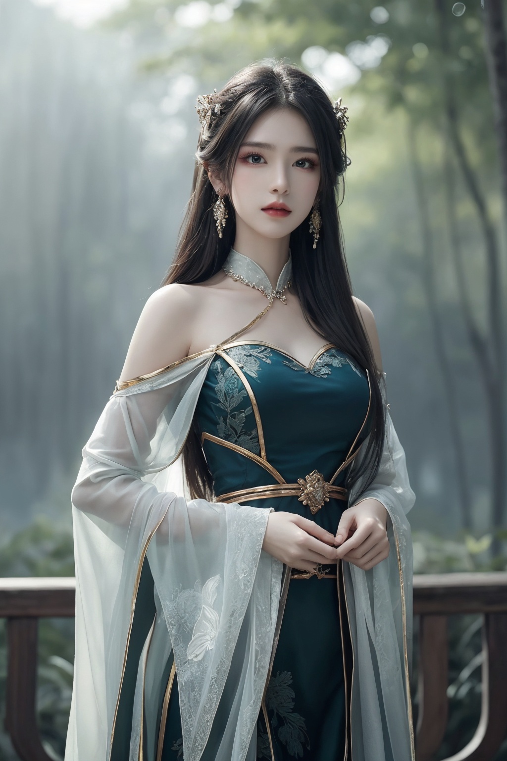 1girl, bamboo, bare shoulders, bare tree, blurry, blurry background, blurry foreground, branch, breasts, chinese clothes, depth of field, dress, earrings, forest, green eyes, jewelry, leaf, long hair, long sleeves, looking at viewer, makeup, nature, palm tree, parted lips, plant, solo, standing, tree, wide sleeves <lora:天穹1.0:0.8>