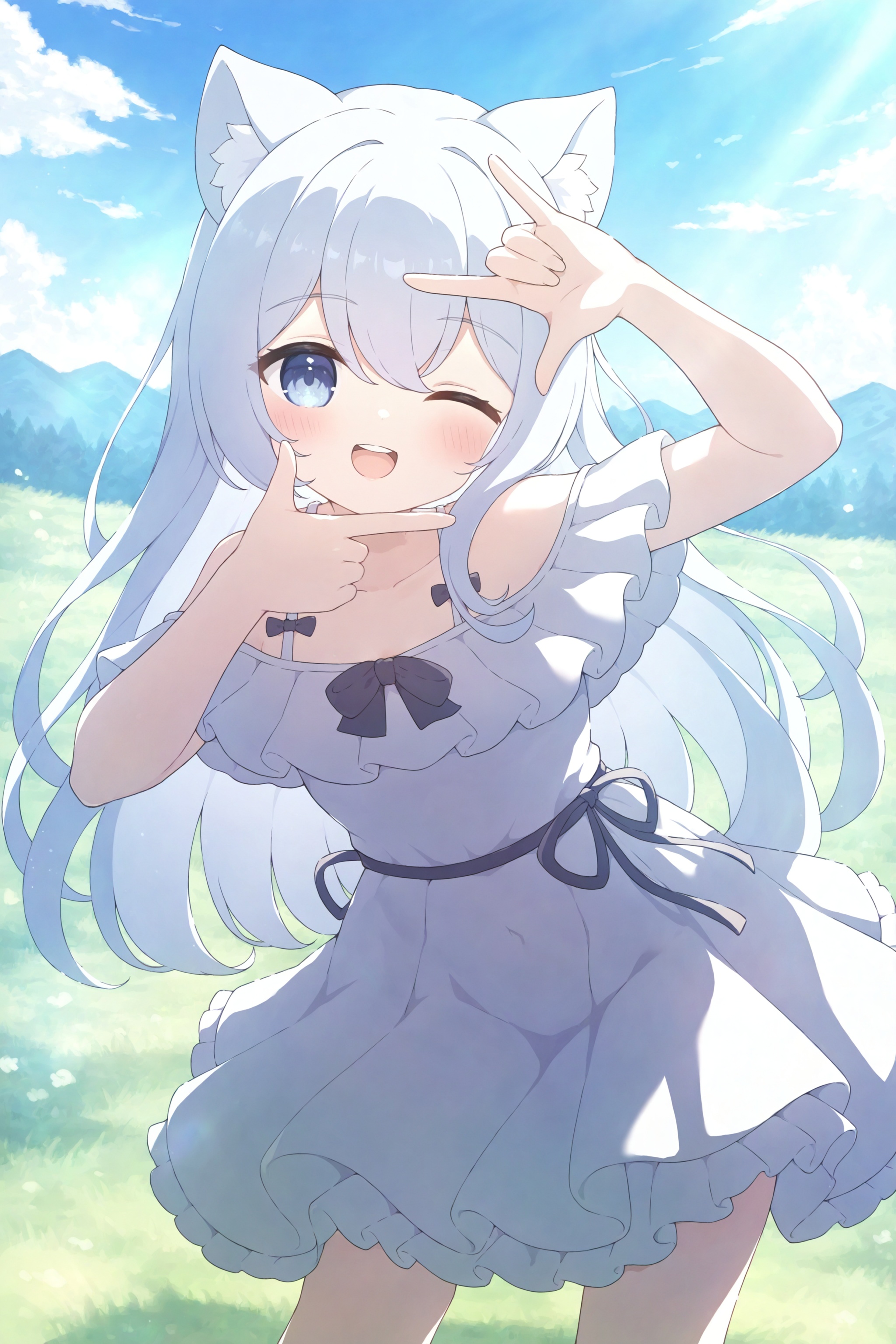 1girl, solo, cat girl,small breasts, grasslands, 1girl, one eye closed, solo, swimsuit, finger frame, looking at viewer, blush, leaning forward, outdoors, open mouth, cowboy shot, hair between eyes, bare shoulders, standing, long hair, day, teeth, bangs, upper teeth only, dress, smile,years2025, very aesthetic, masterpiece, best quality, ultra-detailed, high contrast, huge filesize,<lora:Sora-TYC-XL-v1:0.85>