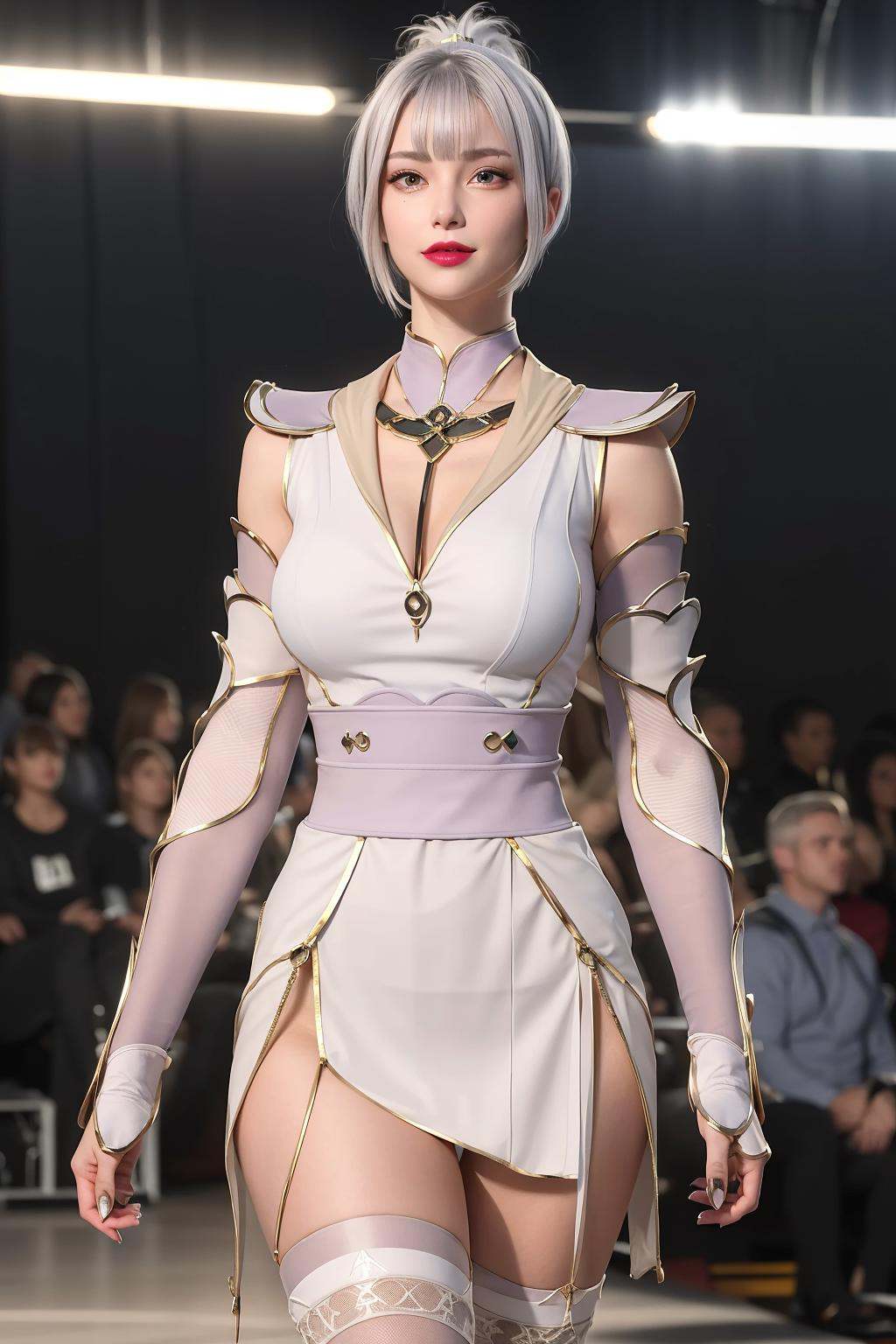 1girl, realistic , highres, best quality,blurry,blurry_background, blurry_foreground,depth_of_field,motion_blur, motion_blur, (walking:1.5), indoors,(runway:1.5)  looking at viewer,smile,breasts,  detail face,  pointy_ears,armor, breastplate, hair_stick,lips, lipstick, jewelry, thighhighs, white hair, (blunt bangs:1.5),model,<lora:koreanDollLikeness_v15:0.4> <lora:hanyue-000008:0.5>