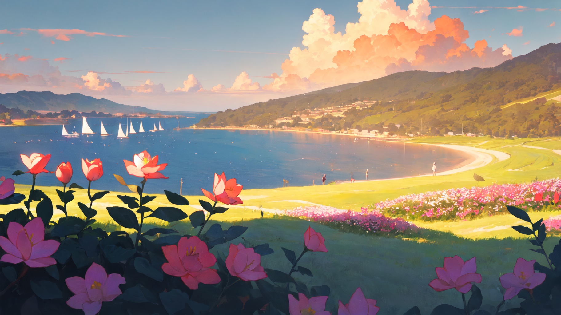 scenery,beautiful detailed sky,best shadow,depth of field,panorama,Calm sea, Paddleboarding, Sunset, Orange hues, Serenity, Coastal views,Rose bushes, Spring blooms, Garden sanctuary, Fragrant air, English countryside, Springtime charm,(masterpiece, best quality, beautiful and aesthetic:1.3),illustration,extremely fine and beautiful,perfect details,<lora:lora-000012.by_tusi:AA>,vled_cyql,