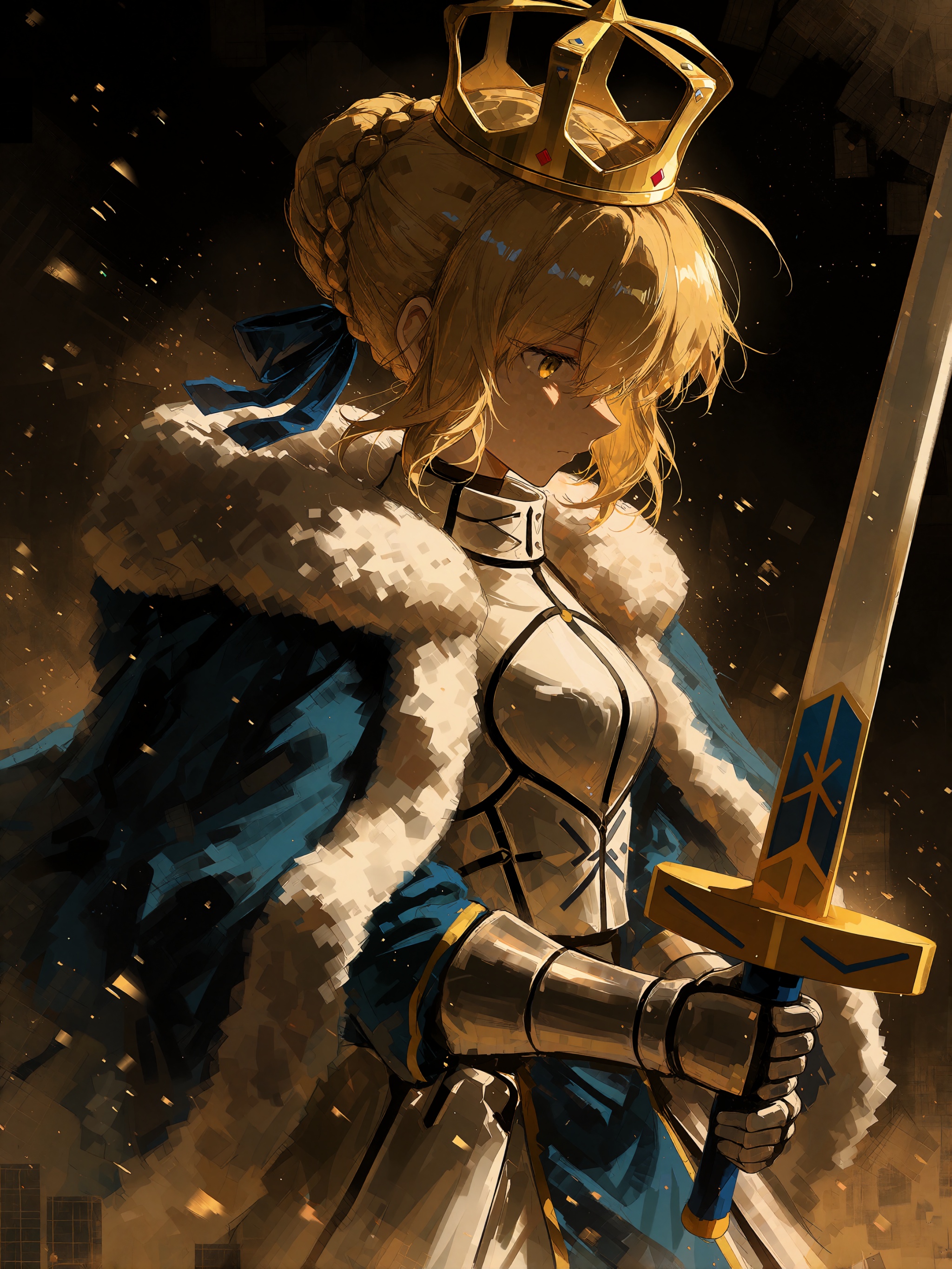 Blonde princess wearing a regal crown and a heavy royal navy cloak with thick white fur trim,  holding a sword in a side p...