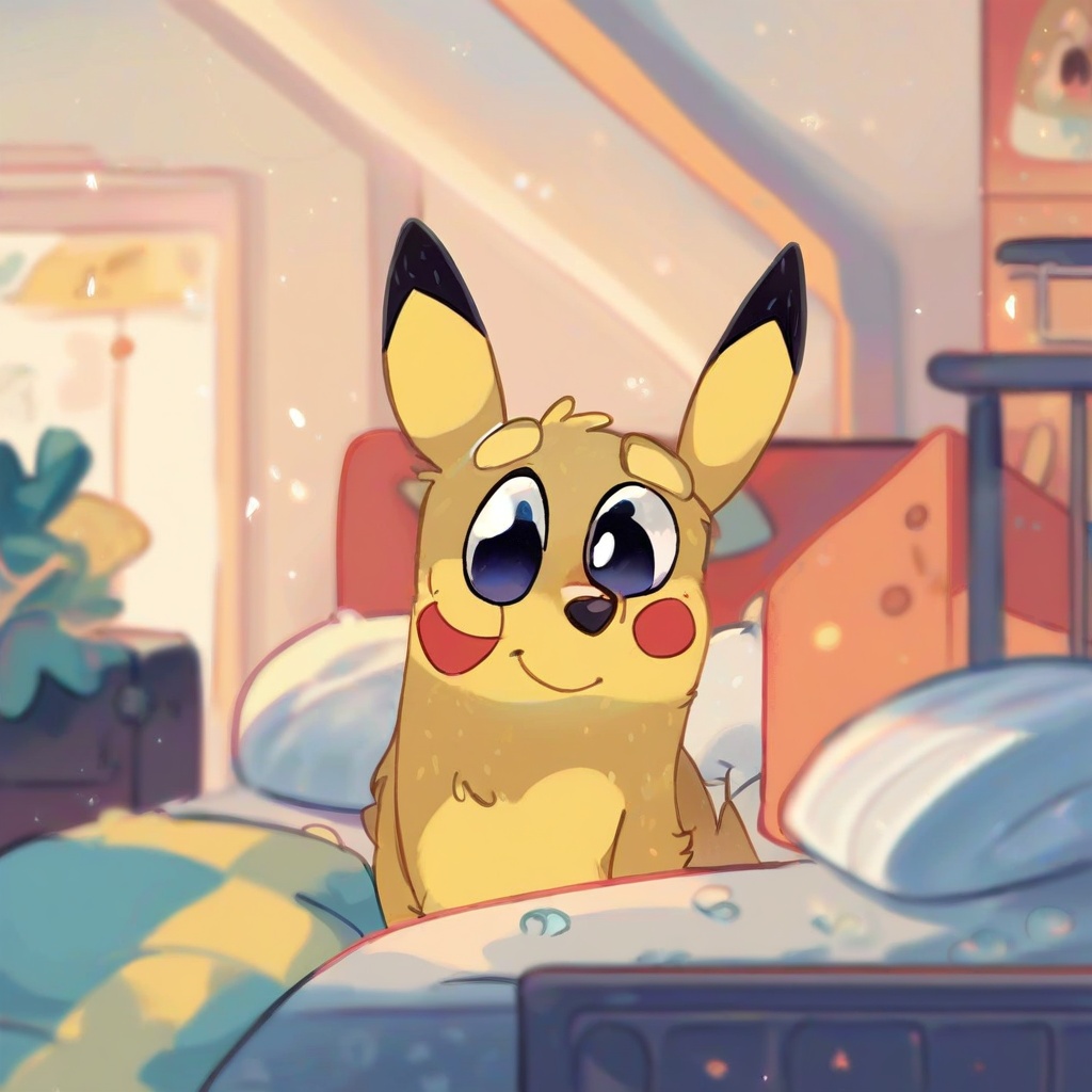 safe_pos, score_9, score_8_up, score_7_up, score_6_up, score_5_up, score_4_up, source_furry, hi res, bedroom, blurred background, particles, solo, Pikachu, looking at viewer, closed mouth, Bluey style, cute