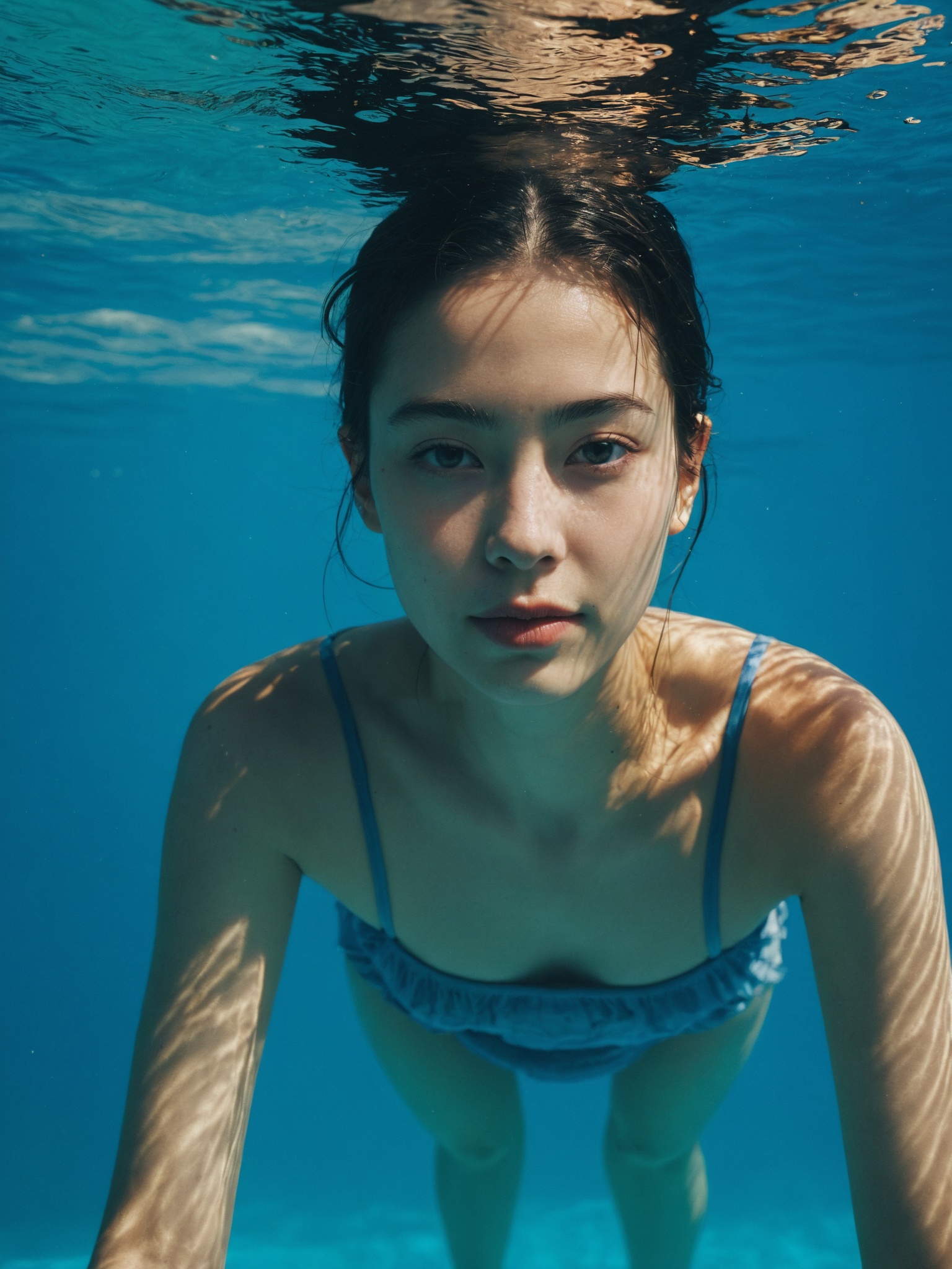 1girl under water cleavage lens flare shadow sun light rim light (realistic,  photo by Ryan McGinley),  evil smile on Tens...