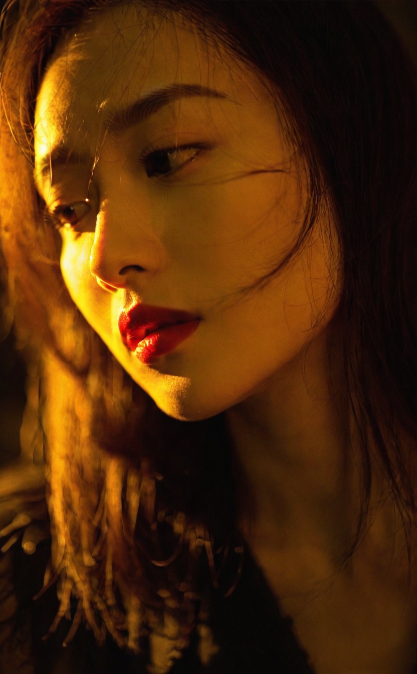 mugglelight, a close up of an asian woman with a red lipstick and a dark background, 1girl, solo, brown hair, portrait, long hair, black eyes, looking away