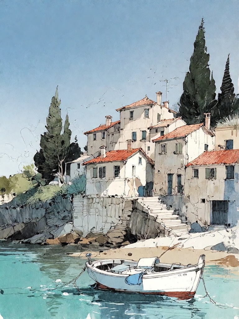 Bradhamel art style. A watercolor painting of a coastal village nestled on a hillside with terracotta-roofed stone buildin...