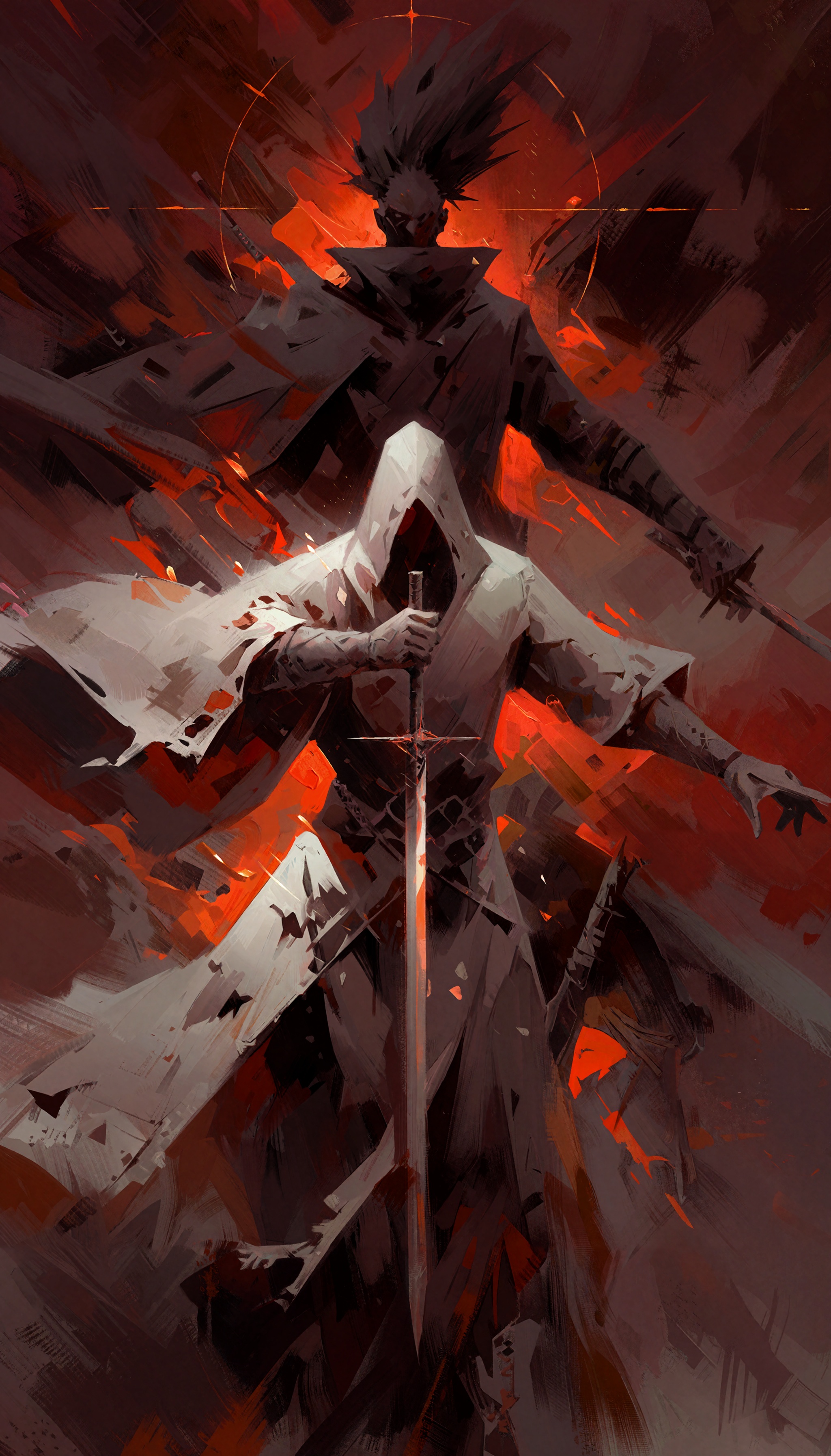 In the style of zhihui,  a spectral figure clad in a tattered white robe stands at the center of a violent explosion of cr...