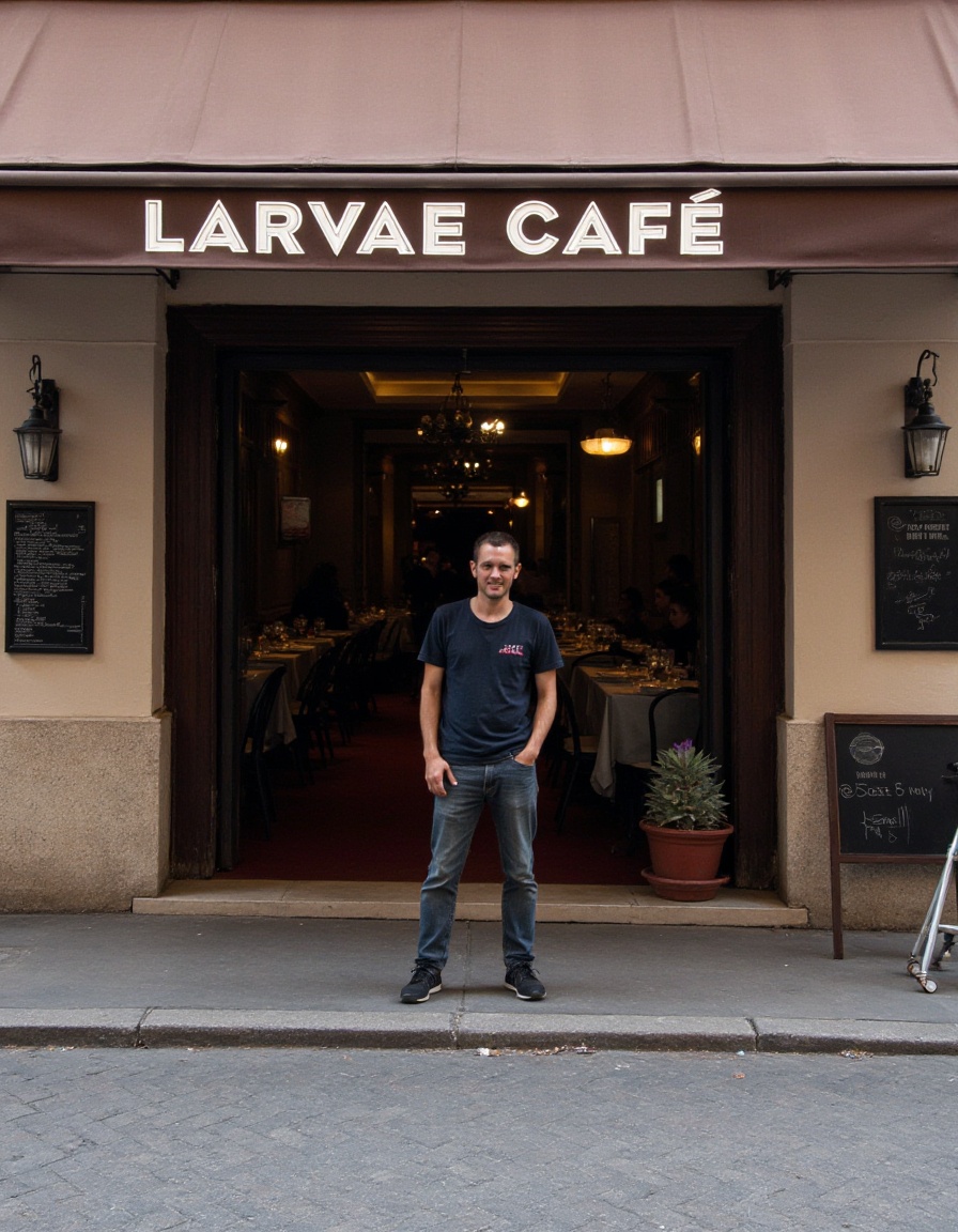 The image shows a man standing on a sidewalk in front of a cafe or restaurant entrance. The establishment has a brown awning with white lettering that reads "𝐿𝐴𝑅𝑉𝐴𝐸 𝐶𝐴𝐹𝐸"
