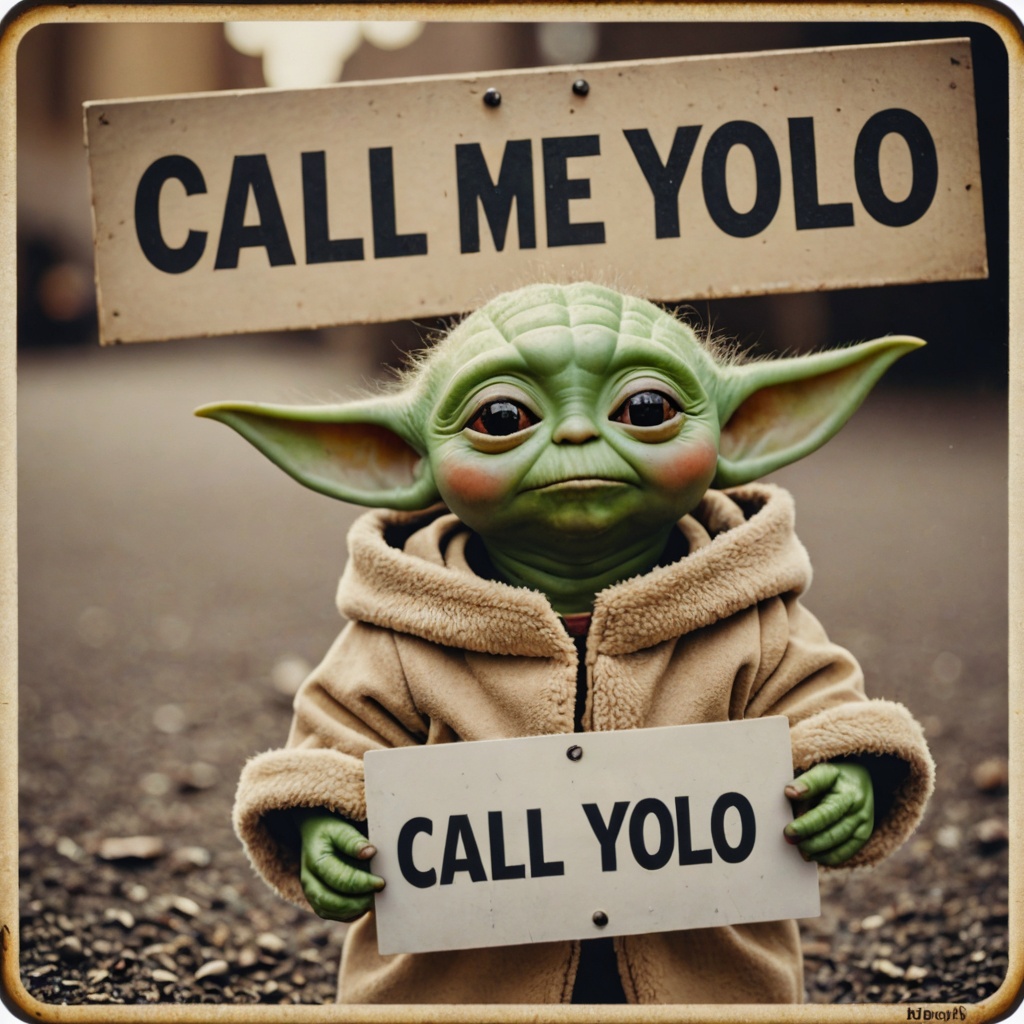 analog film photo photo of baby yoda with a sign saying "call me yolo" . faded film,  desaturated,  35mm photo on Tensor.Art