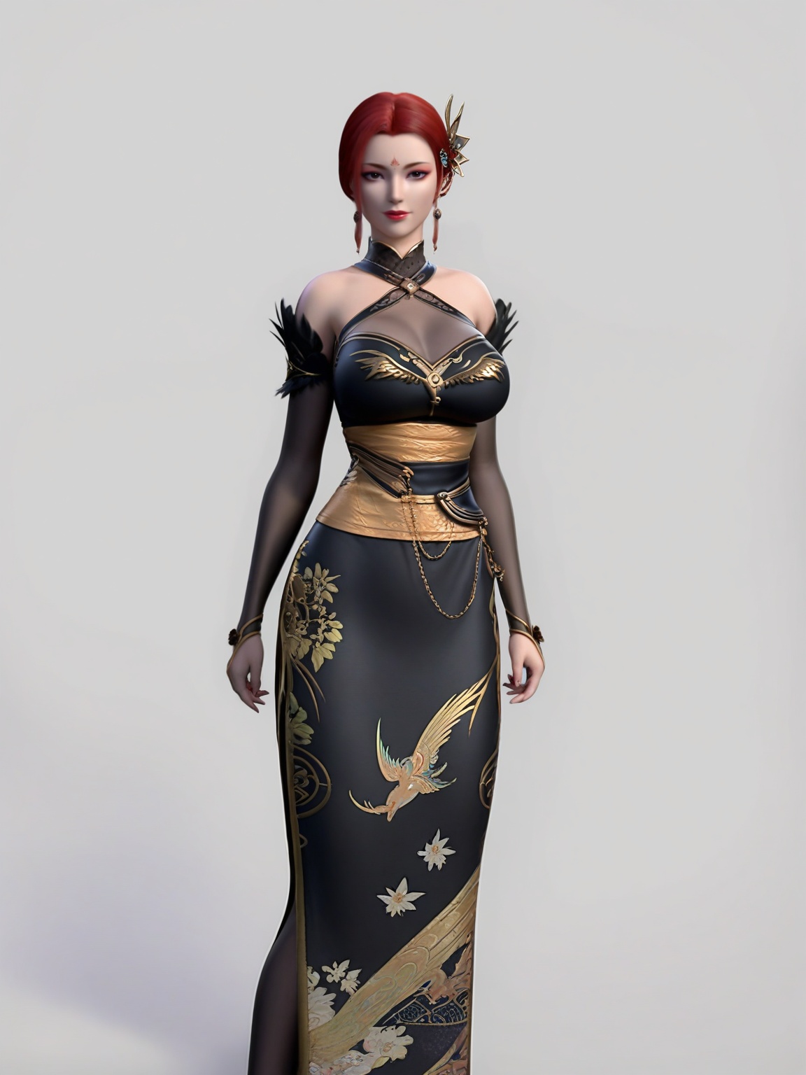 score_9,(perfect_anatomy:1.1)1girl,enchanting expression,looking at viewer,breasts,large breasts,solo,standing,hair ornament,black dress,eyeshadow,red hair,detached sleeves,looking at viewer,white background,simple background,<lora:SF_YaFei_Pony_Realism2.3-000003:0.7>,