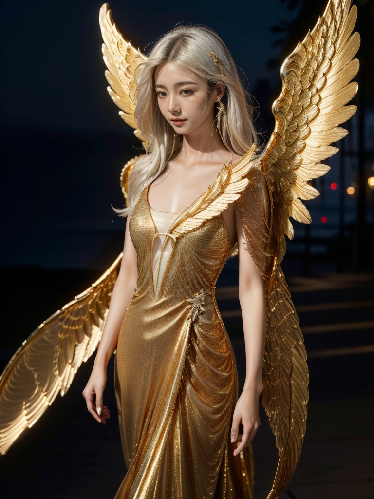 jinyingnvshen,masterpiece,best quality,1girl,exquisite details,set at night by the seaside,white hair,jewelry,<lora:jinyingnvshen-000004:0.7>,exquisite evening dress,small golden wings,((bust)),
