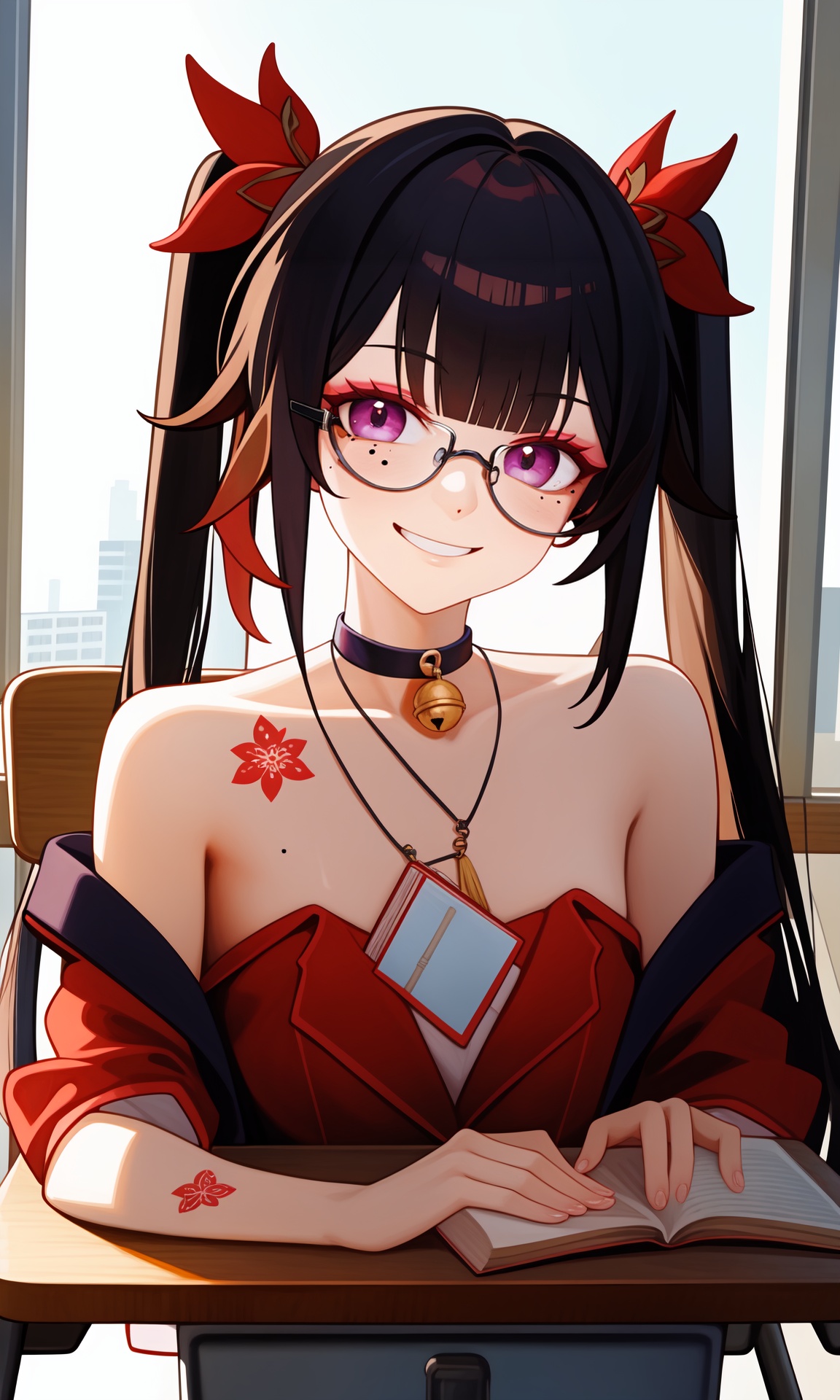 <lora:花火v2:1:lbw=char>,1girl,huahuo,twintails,bare shoulders,jingle bell,choker,tattoo,evil smile,mole under eye,wicked smile,school uniform,sitting in classroom,looking out window,wicked smile,glasses,book on desk,<lora:nai3画风bysdlion-000035:1:lbw=OUTALL>,, (masterpiece,best quality,high quality:1.2),absurdres,