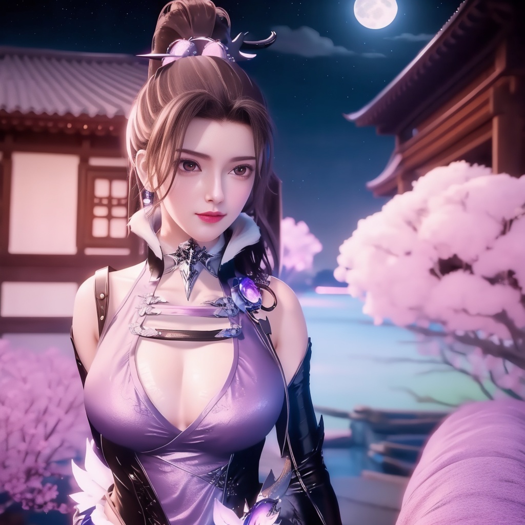 <lora:万界至尊-李雪衣-皮衣:0.8>, (,1girl, ,best quality, ),looking at viewer,  ,ultra realistic 8k cg,, ,masterpiece, (( , )),, ,   ,   cure blossom, full moon,night,night sky,  (cleavage),,  (), ,,