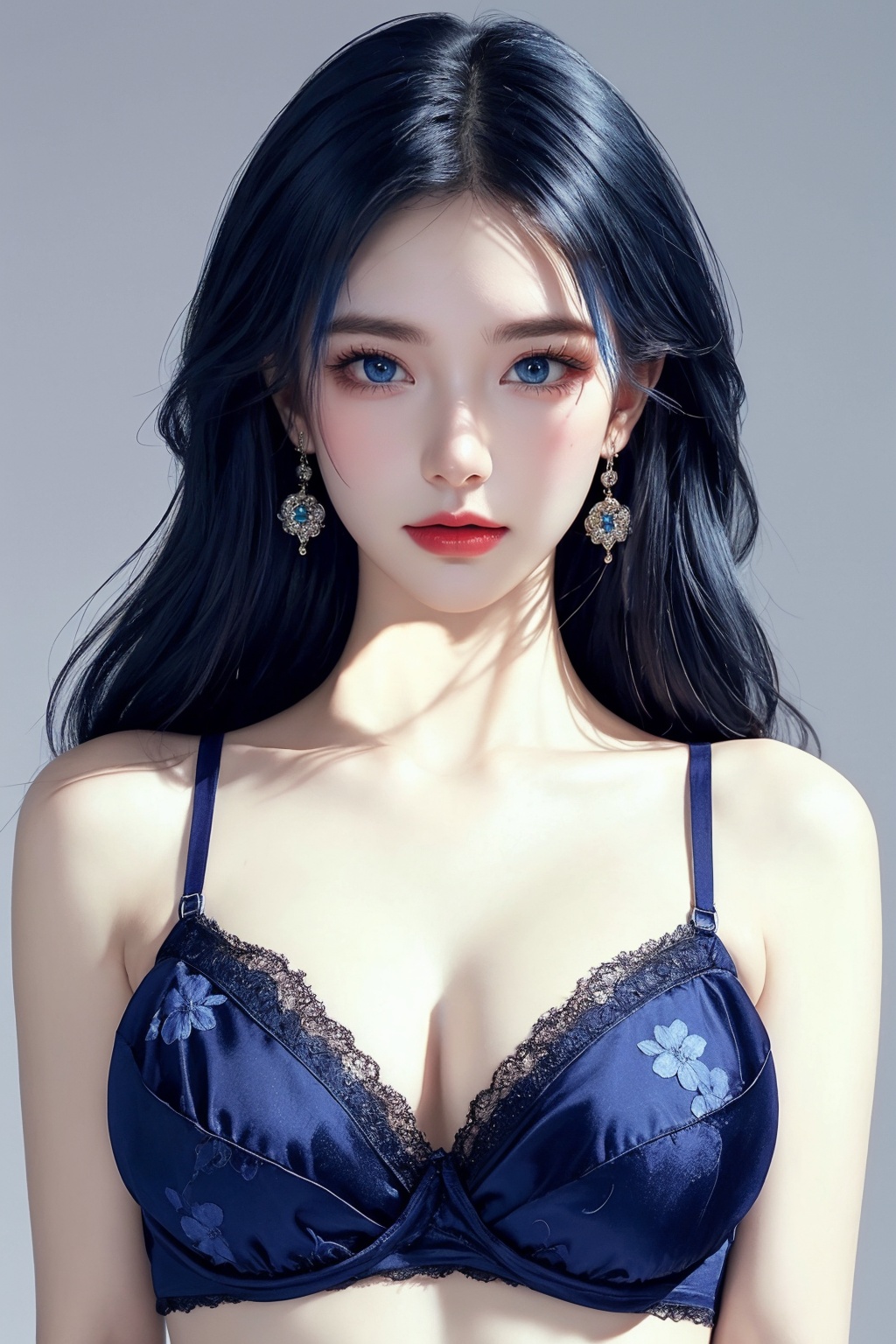 1girl, blue eyes, blue hair, bra, breasts, cleavage, collarbone, earrings, floral print, grey background, jewelry, lace, lace-trimmed bra, lace bra, lace trim, large breasts, long hair, looking at viewer, solo, underwear, upper body ,(blue eyes and blue hair beauty:1.2)  <lora:蓝色:1>