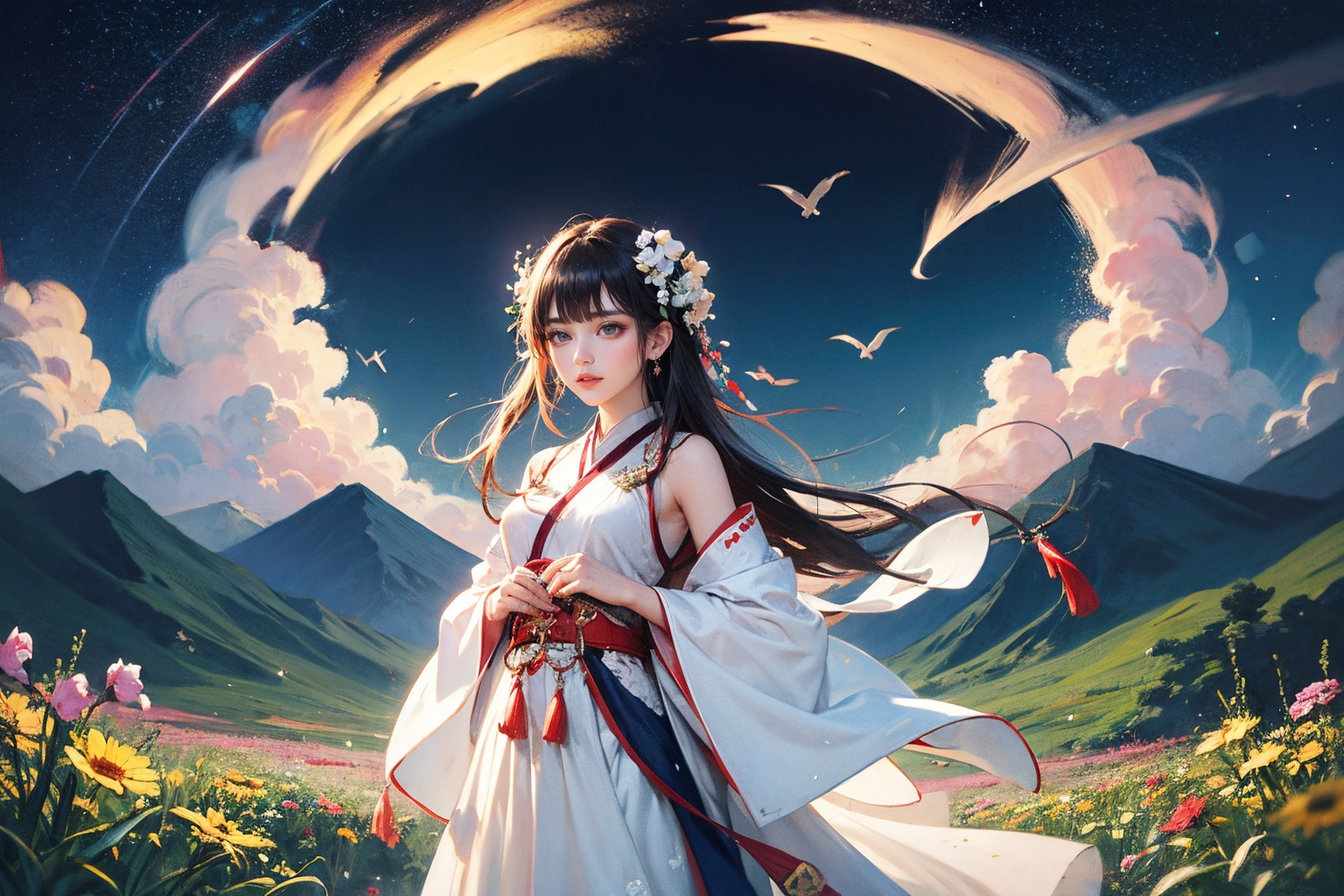 masterpiece,best quality,the milky way,fantasy,flowers meadows,floating island,magic world,dindal light,Ink painting,painting,ancient China,Hanfu,white gauze,landscape painting,meticulous painting,bird songs and floral fragrance,gentle and gentle,Black and white