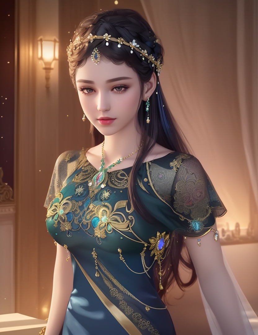 ultra realistic 8k cg, picture-perfect face, flawless, clean, masterpiece, professional artwork, famous artwork, cinematic lighting, cinematic bloom, perfect face, beautiful face, fantasy, dreamlike, unreal, science fiction,  beautiful clothes, lace, lace trim, lace-trimmed legwear,  (rich:1.4), prestige, luxury, jewelry, diamond, gold, pearl, gem, sapphire, ruby, emerald, intricate detail, delicate pattern, charming, alluring, seductive, erotic, enchanting, hair ornament, necklace, earrings, bracelet, armlet,halo((,1girl, pov,))(((,  1girl,  solo,looking at viewer, ))),(((1girl, solo, dress, jewelry,large breasts, )))<lora:DA_WhiteSnakeGreenSnake:0.7>