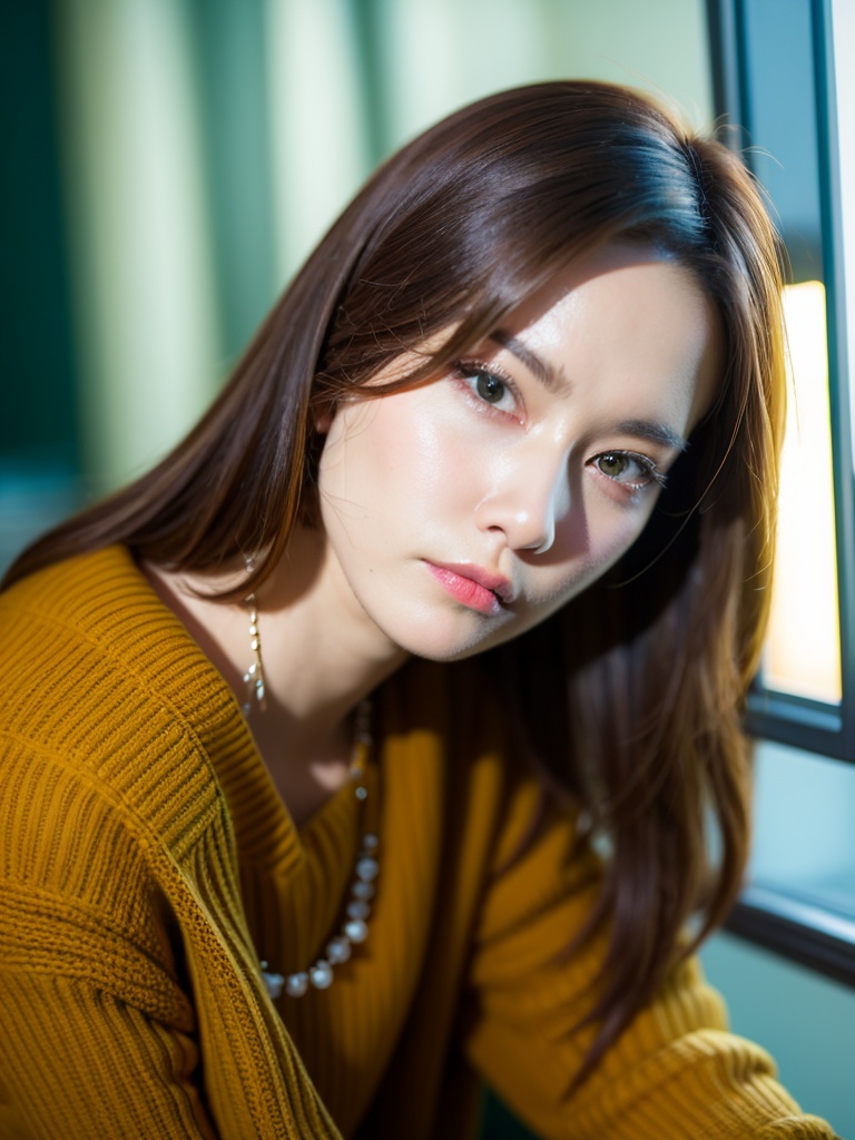 1girl, solo, realistic, necklace, jewelry, looking at viewer, head tilt, window, photorealistic, mole, lips, black hair, portrait, long hair, brown hair, sitting, sweater, indoors, blurry