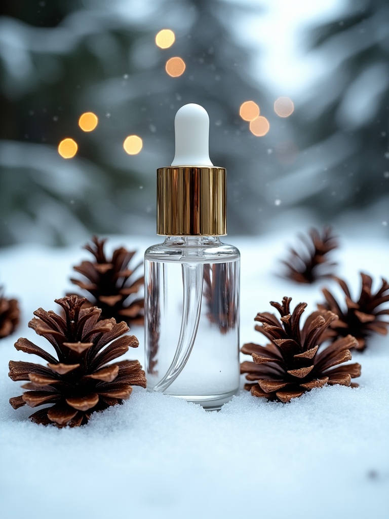 miluo_sdmz, Photograph of a clear, glass skincare dropper bottle with a gold cap, set against a snowy, pine-cone adorned background with blurred, bokeh lights.<lora:miluo丨圣诞场景丨光影通透-flux-1.4:1>