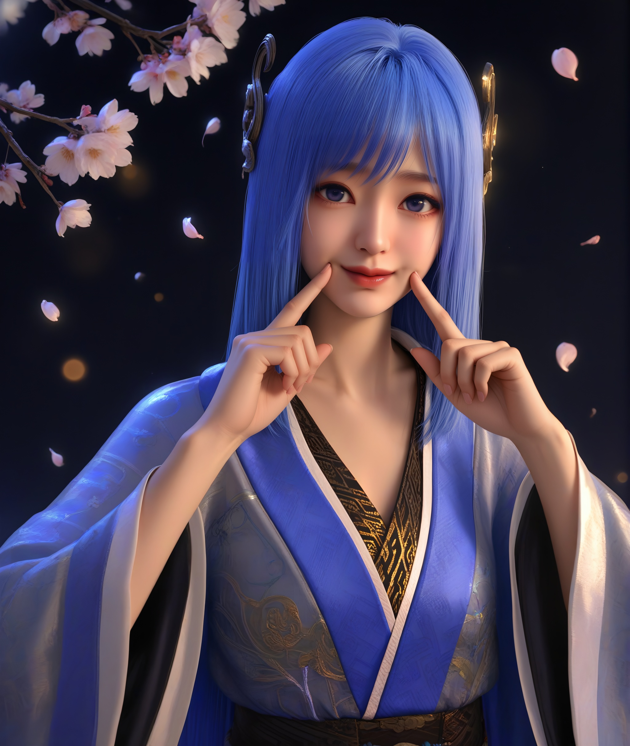 (score_9),cute,narrow waist,(glamor:1.1),<lora:蓝葵-ill:0.83>,1girl,solo,blue hair,long hair,blue eyes,hair crown,lankui,chinese clothes,hanfu,chinese embroidery,layered design,collarbone,looking at viewer,upper body,realistic,(fingersmile),BREAKtwig,branch,falling petals,simple background,black background,rim light,Volumetric Lighting,lens flare,Tyndall effect,depth of field,bokeh,sparkle,