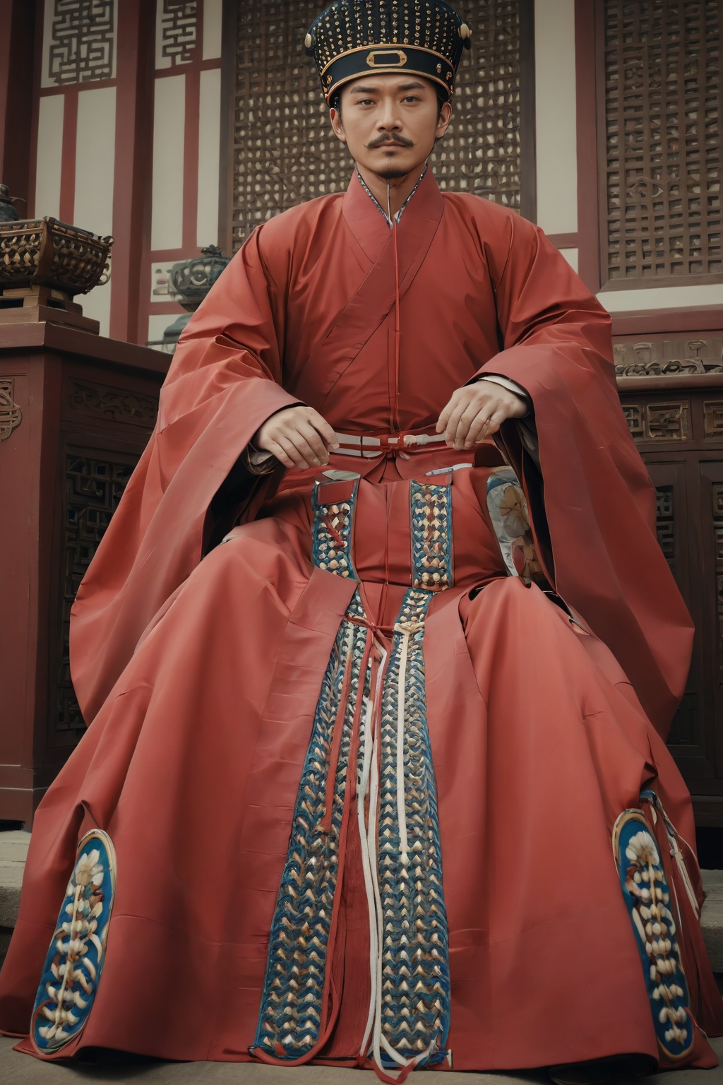(masterpiece:1.3),(best quality:1.2),highres,sharp,photorealistic,realistic,UHD,1boy,solo,(pibianfu \(attire\):1),male focus,facial hair,sitting,black hair,beard,full body,closed mouth,realistic,mustache,<lora:pibianfu3:1.2>,arms on hip,BREAK (fur-trimmed_boots:1.1),