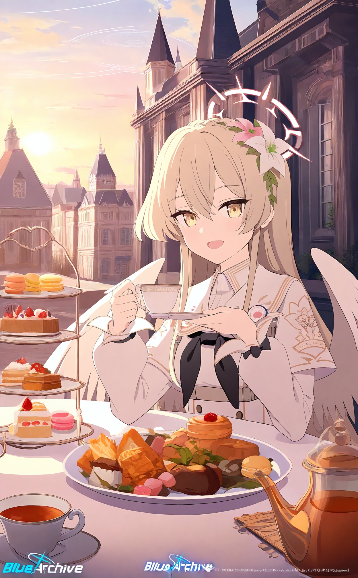 masterpiece,best quality,high quality,1girl,sandwich,nagisa_\(blue_archive\),wings,white_wings,food,tiered_tray,macaron,cup,solo,halo,feathered_wings,angel_wings,cake,teacup,yellow_eyes,long_hair,teapot,holding,dress,white_dress,looking_at_viewer,long_sleeves,hair_flower,plate,hair_ornament,holding_cup,building,light_brown_hair,outdoors,flower,hair_between_eyes,sky,tea,capelet,open_mouth,smile,copyright_name,cake_slice,white_capelet,saucer,cloud,blonde_hair,table,logo,//,<lora:BA——【noob】hans:1>,