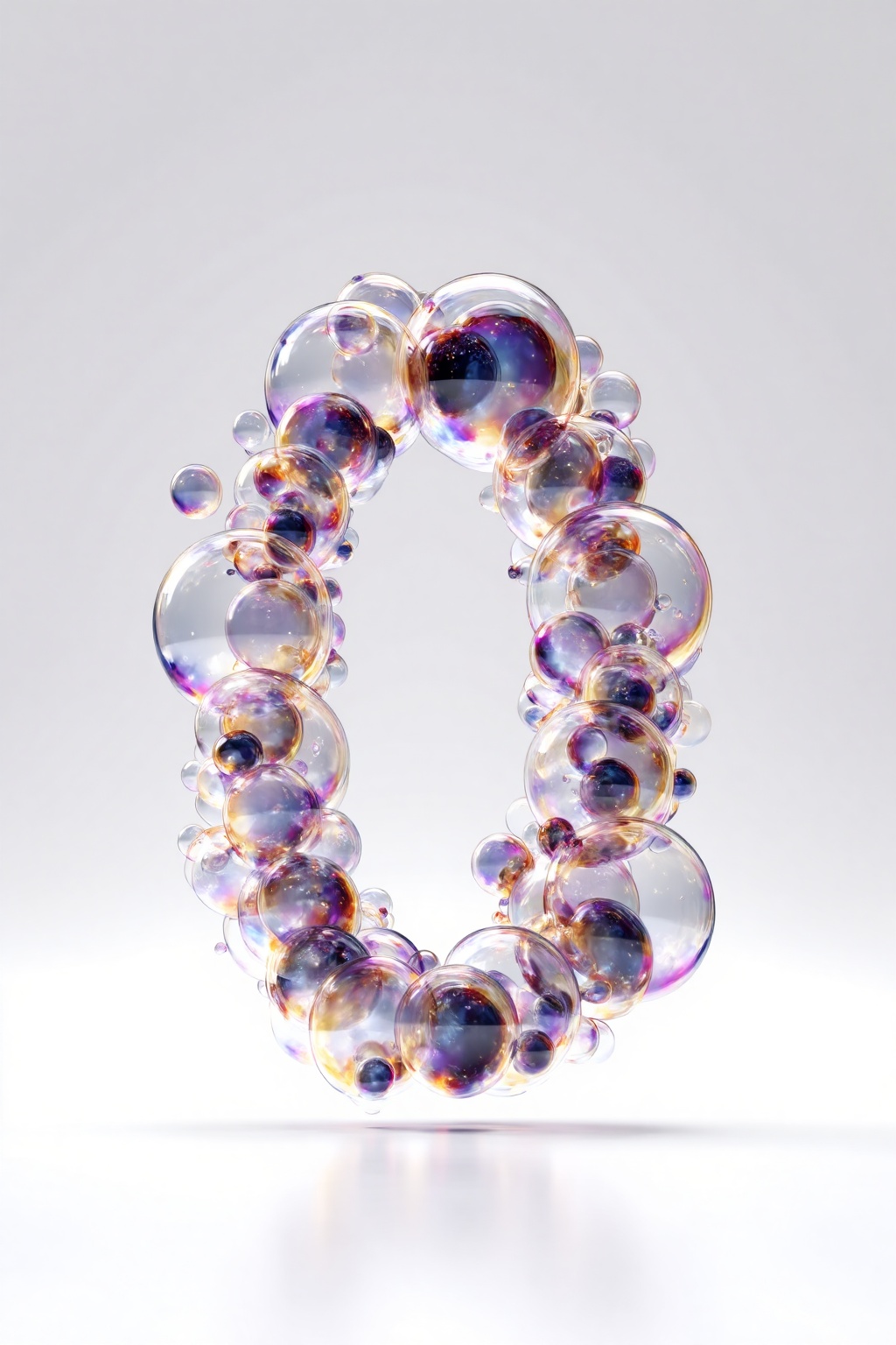 beijihui,3D icon design of letter 'O', **** of clustered soap bubbles with iridescent skins and overlapping spherical forms, hyperrealistic, hyperdetail, front view, studio lighting, 100mm lens, white solid background