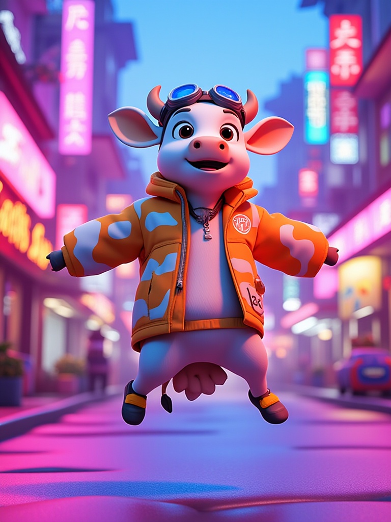miluo_3d,3D,A cute cartoon cow wearing an orange and white patterned jacket, with blue goggles on its head, is jumping in the air with a happy expression, flying over a purple neon city street background, in the style of Disney Pixar animation. The full-body shot features the cow's cute, big eyes and cinematic lighting, creating a surrealistic, high-resolution, hyper-quality, and high-detail image. <lora:miluo丨3D 1.3:1>