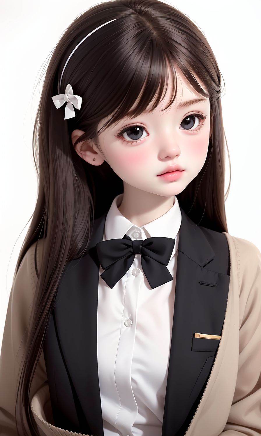 (Masterpiece:1.2), (best quality:1.2), (super high resolution:1.2), 1girl, solo, long hair, looking at viewer, white background, simple background, hairband, bow, hair ornament, bowtie, hairclip, shirt, upper body, school uniform, black eyes, white shirt, collared shirt, blush, brown hair, closed mouth, black hair, lips, jacket, <lora:doll:0.5>