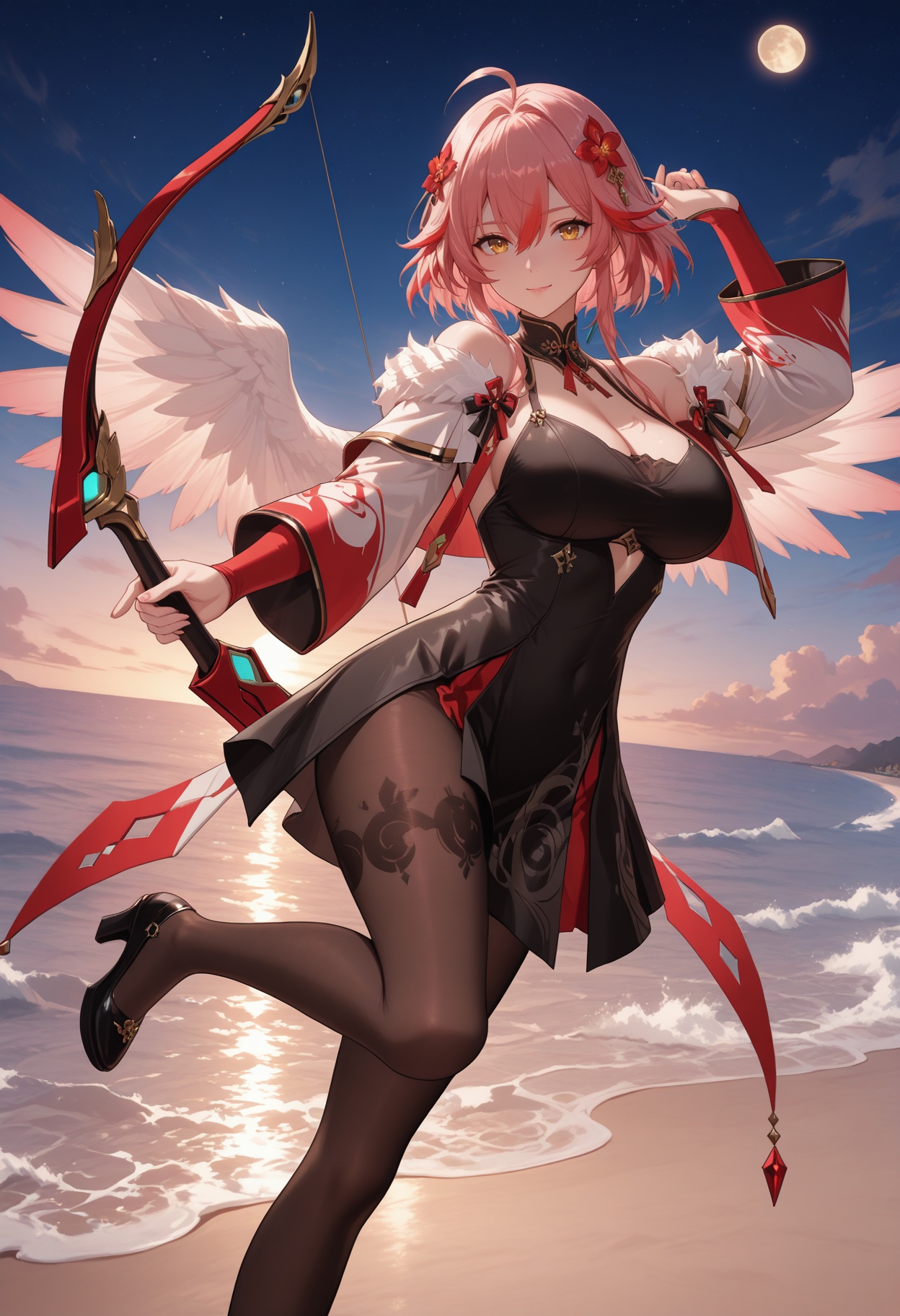 weapon,bow (weapon),holding weapon,holding,wings,breasts,holding bow (weapon),feathered wings,white wings,feathers,bangs,arrow (projectile),looking at viewer,holding arrow,leg up,standing,outdoors,standing on one leg,drawing bow,moon,bow,cloud,sun,front view,full_body,solo,beach,ocean,waves,gradient_sky,starry_sky,dusk,in summer,<lora:长离师尊:1>,changli,1girl,long hair,bangs,hair ornament,big breasts,ribbon,hair between eyes,bare shoulders,yellow eyes,ahoge,red hair,short hair,multicolored hair,highlighted hair,pink hair,flower,hair flower,lace stockings,exposed,sexy,<lora:锦龙吟:1>,jly,long sleeves,dress,pantyhose,black pantyhose,brown pantyhose,capelet,jacket,white jacket,fur trim,shoes,footwear,black footwear,platform footwear,heels,high heels,platform heels,