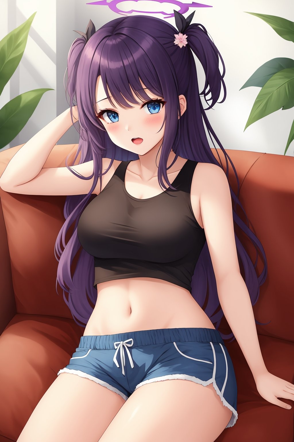 1girl, solo, long hair, breasts, looking at viewer, blush, open mouth, bangs, blue eyes, shirt, hair ornament, navel, bare shoulders, medium breasts, purple hair, thighs, lying, shorts, sleeveless, midriff, indoors, two side up, bare arms, black shirt, short shorts, sleeveless shirt, halo, on side, couch, blue shorts, on couch, yuuka \(blue archive\)