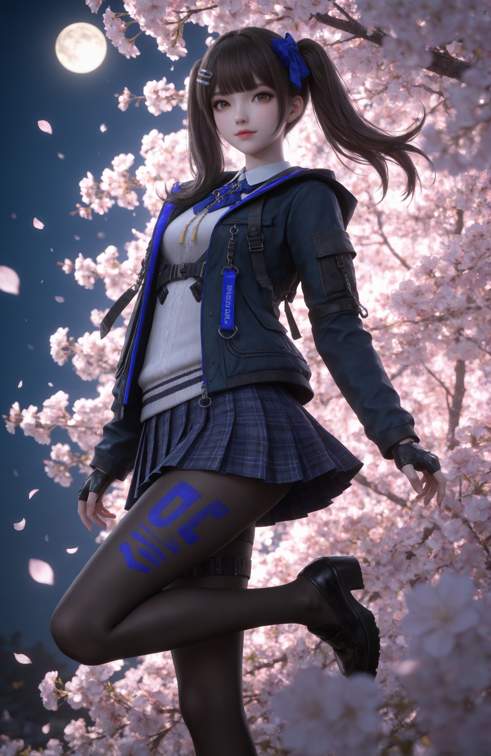 Nai3 style,realistic style photo,outstanding style,Use soft lighting to cast gentle shadows on the subject,adding a touch of dimension to your images without compromising details,whirls of vapor,(Anime:1.1),soft neon light,ethereal ambiance,delicate details,magical atmosphere,concept art,highly detailed,ultra-high resolution,32K UHD,sharp focus,best-quality,masterpiece,golden hour,unconventional supreme masterpiece,masterful details,temperate atmosphere,with a high-end texture,in the style of fashion photography,magazine style,Dynamic Angle,Dynamic posture,magazine style,Dynamic Angle,Dynamic posture,(cowboy_shot:1.2),eye trail,depth of field,cinematic lighting,lens flare,close-up,extreme aesthetic,(wlop:0.6),(honjou raita,lack,rella,wanke:0.5),masterpiece,best quality,good quality,newest,year 2025,very aesthetic,absurdres,Visual impact,A shot with tension,ultra-high resolution,32K UHD,sharp focus,best-quality,masterpiece,Emotionalization,unconventional supreme masterpiece,masterful details,temperate atmosphere,with a high-end texture,in the style of fashion photography,(Visual impact:1.2),giving the poster a dynamic and visually striking appearance, <lora:CF-关小羽v1-IL:0.7> 1girl, twintails, brown hair, blue bow,  brown eyes, hairclip, white shirt, open jacket, pleated skirt, plaid skirt, long sleeves, black fingerless gloves,black pantyhose, thigh strap,holster,black footwear,, masterpiece,best quality,solo,1girl,upper body,petals,looking at viewer,moon,branch,cherry blossoms,flower,extreme aesthetic,(quasarcake:0.7),masterpiece,best quality,good quality,newest,very aesthetic,absurdres,A shot with tension,(Visual impact,giving the poster a dynamic and visually striking appearance:1.2),impactful picture,offcial art,colorful,splash of color,movie perspective,