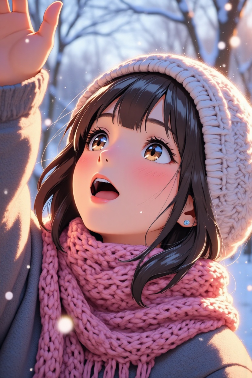 { "subject": "A young anime girl with large expressive brown eyes and rosy cheeks looks up in joyful wonder at falling sno...