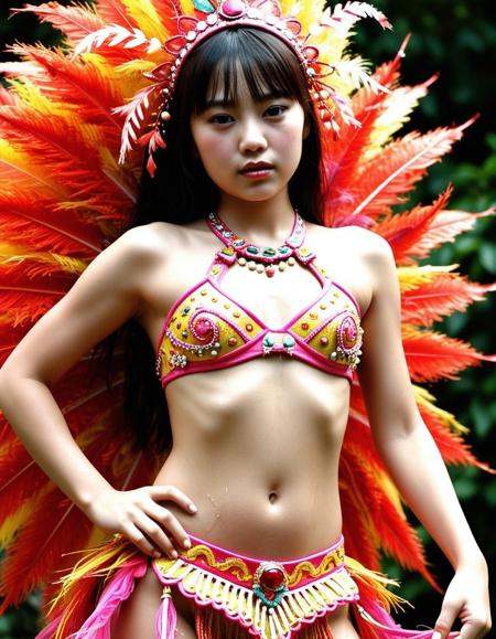 1girl,(asian girl face:1.1),(:.1),(japanese girl face:1.1),(slender face:.3),(kawaii girl:1.5),(fleshy nose:0.1),(tsurime,slant eyes:1.5),,,(thin eyebrows,light eyebrows,short eyebrows,light makeup,natural look:0.3),(closed-lips:1.3),(evil face:0.7),(half-closed eyes, = =:1.2),wide hips,samba dancer costume,outdoors,detailed background,dynamic action pose,(cowboy shot:1.2),(dynamic angle),,HDR photography,depth of field, realistic, photorealistic,(avoiding harsh bright,ultra-realistic skin texture:1.3),(moisten skin,dampened skin,glossy skin,glossy skin face,oiled skin,oiled skin face,glistening skin:1.3),(waist view,waist up shot),high quality,highres,8k, <lora:dmd2 4 steps fix:1>,(Vibrant color saturation:0.3),(sunset:1.1),(thin eyebrows:-1.3),