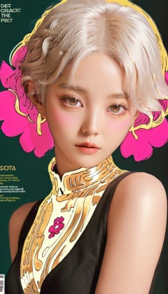 <lora:xl-shanbailing-24-0320Animated Spliced Reality2:0.7>,Animated Spliced Reality,a girl made of anime and reality,anime in reality,anime lines around real girl,Full body portrait of young fashionable Chinese girl with short curly hair,magazine cover,steampunk style,white hair,gold,fuchsia,